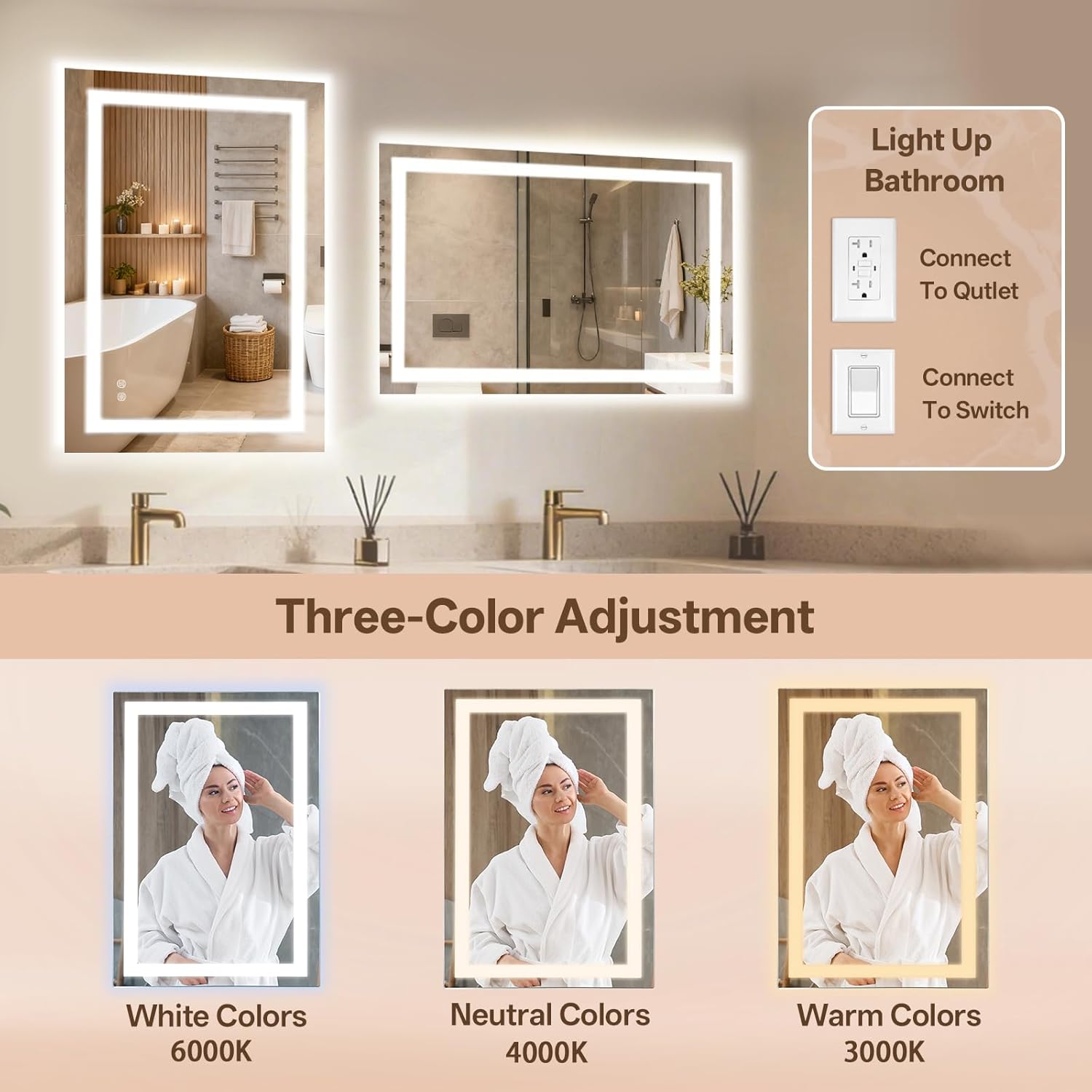 MISSDAY LED Bathroom Mirror,24x36 Inch Gradient Front and Backlit LED Mirror for Bathroom, 3 Colors Dimmable CRI>90 Double Lights, IP54 Enhanced Anti-Fog, Hanging Plates Vanity Mirror with Lights