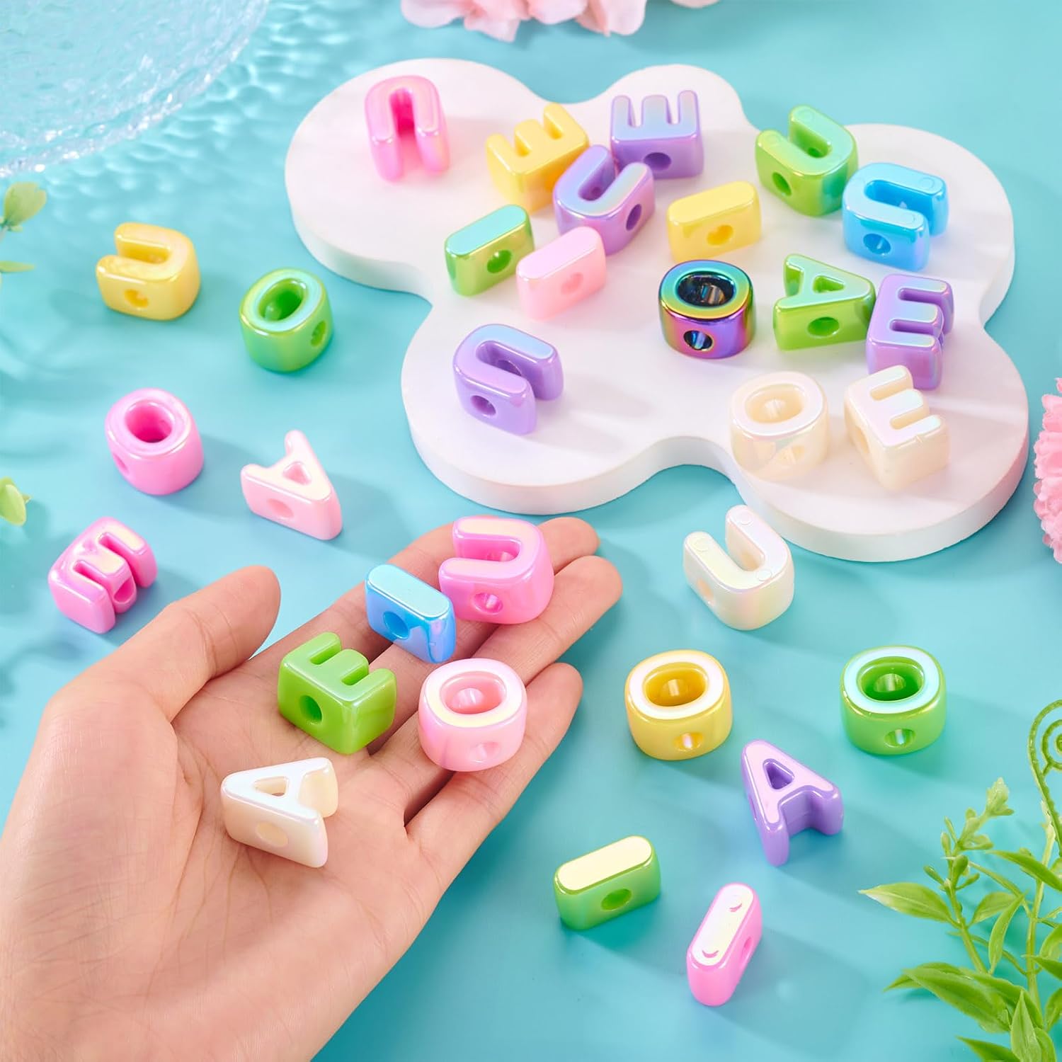 FASHEWELRY 40Pcs Vowel Large Letter Beads UV Plating Colorful Big Alphabet Bead Vowel AEIOU Spacer Paracord Beads for Keychains Bag Charm Kit Phone Chains Bracelets Necklaces Shoelaces