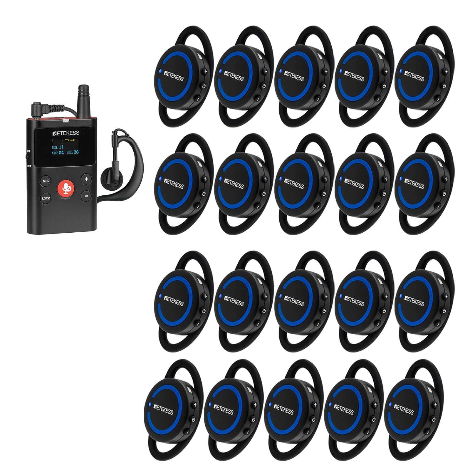 Retekess TT126R Sistema Guida Turistica, 150 M, Leggero, Qualità Audio più Nitida, Abbinamento Automatico, Ideale per Visite in Fabbrica e Tour Guidati (1 Trasmettitore, 20 Ricevitori)
