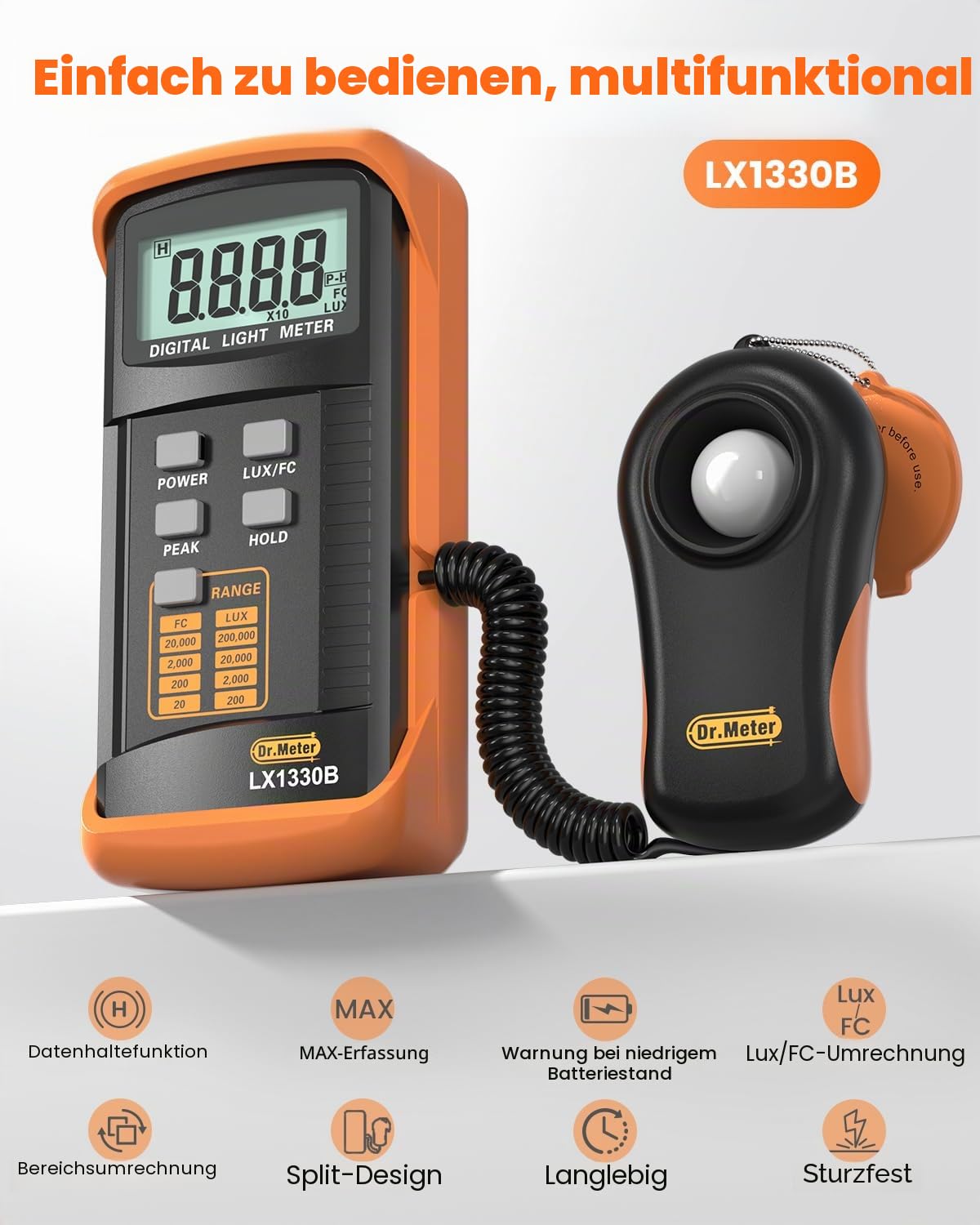 Dr.meter LX1330B Digital Luxmeter, 0-200.000 Messbereich Luxmeter mit 360° Drehbarem Sensor Beleuchtungsintensität Helligkeitsmessung für Innen und Außen, Lichtmessgeräte für Pflanzen