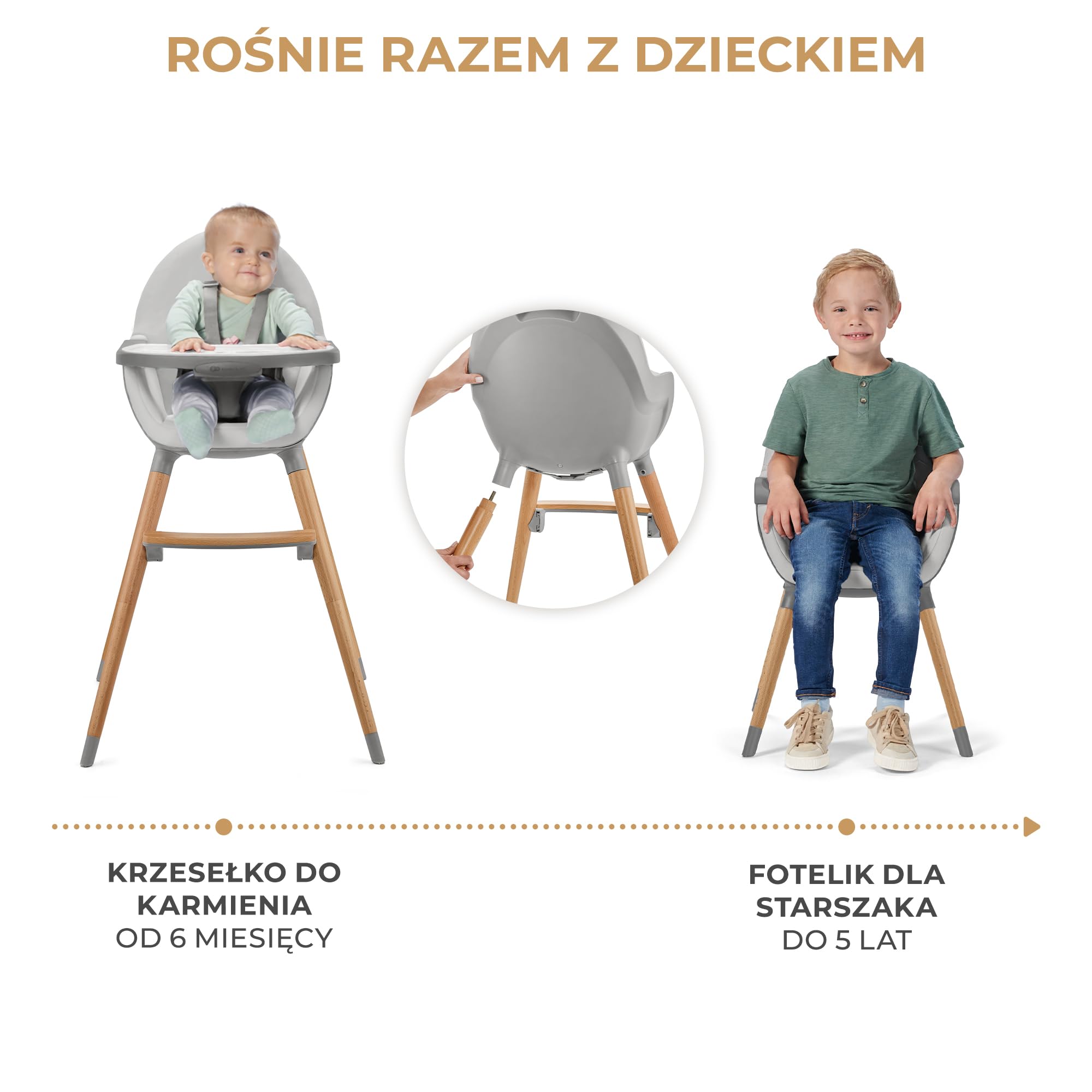 Kinderkraft Krzesełko do karmienia FINI2 2w1, Krzesło dla starszaka, Regulowana zdejmowana tacka, Drewniane antypoślizgowe nożki, 5-Punktowe pasy bezpieczeństwa, Łatwy w czyszczeniu, Szary