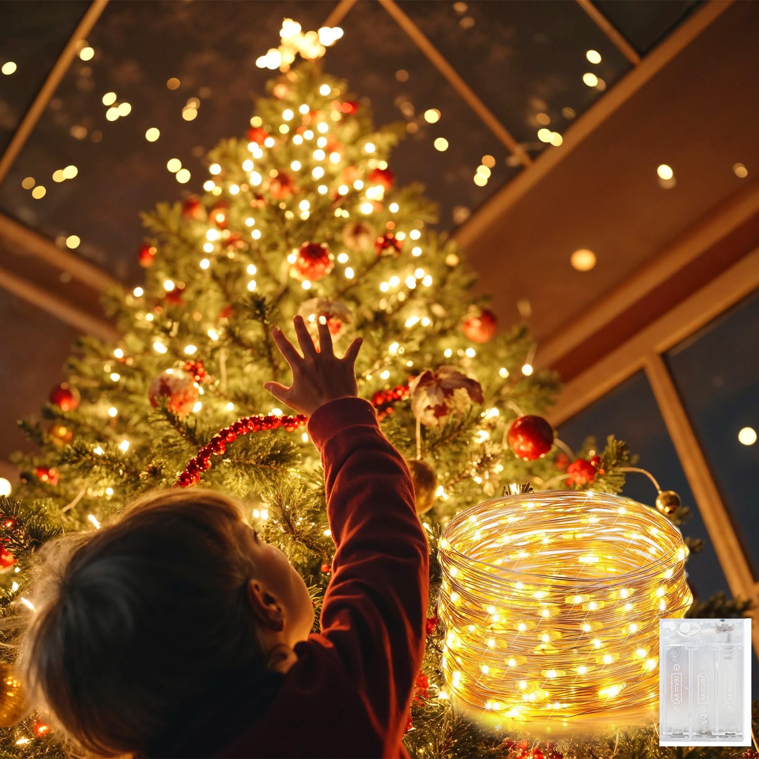 Guirnalda de luces de hadas, 1 paquete de 10 m de 100 luces LED, mini luces parpadeantes de cobre, funciona con pilas, luces blancas cálidas para decoraciones de Navidad en interiores y exteriores,