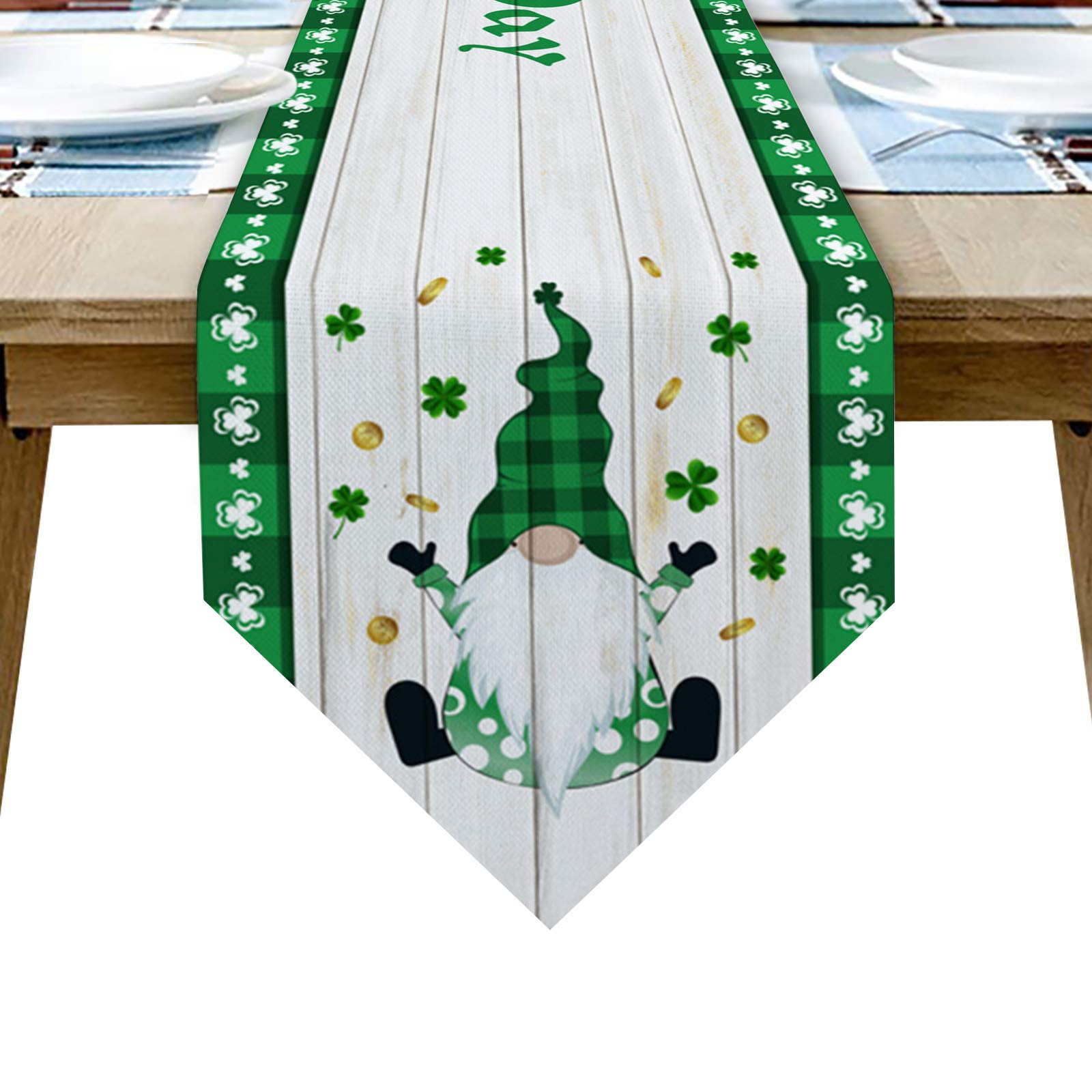 Savannan Burlap Table Runner, 13"x70" Non-Slip Heat Resistant Dresser Scarves for Family Dinner Dining Office Kitchen Table Party, St. Patrick's Day Gnome Lucky Shamrock Gold Wooden Green Plaid
