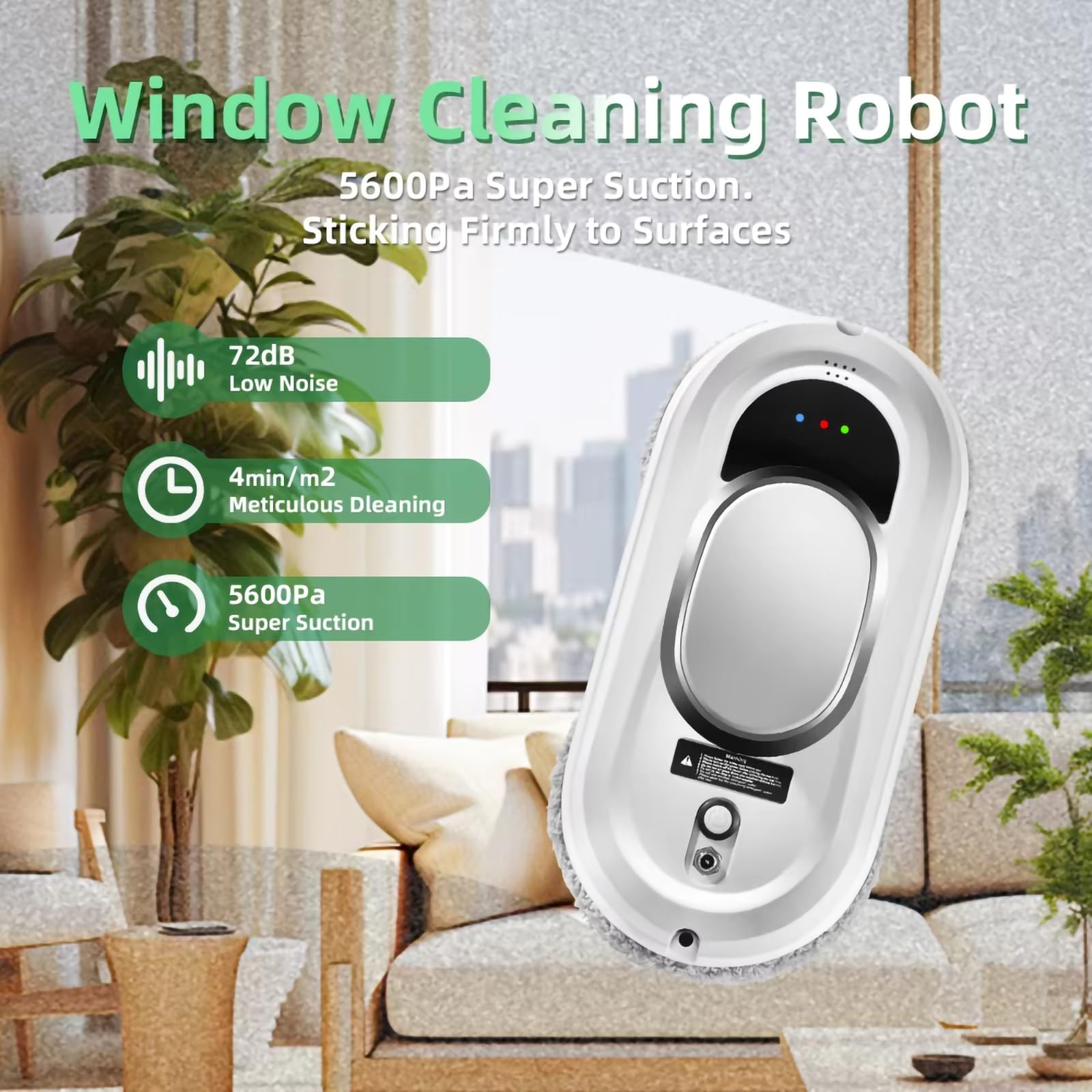 Robot Inteligente limpiacristales: succión de 5600 Pa, Seguro para Cristales y Azulejos, Elimina Polvo, Grasa y Manchas de Agua, para Uso doméstico.