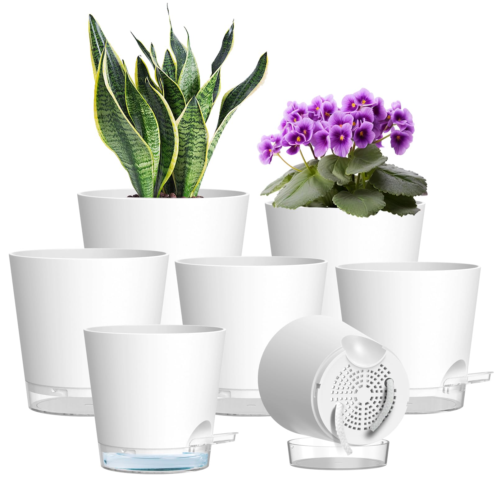 7 Pack Self Watering Plant Pots Indoor, Plastic Flower Pots with Clear Reservoir, Visible Water Level & Drainage Holes, 20/17.6/16.3/15/13.8/12.7/10.2 cm Planter Pots with Cotton Wick, White