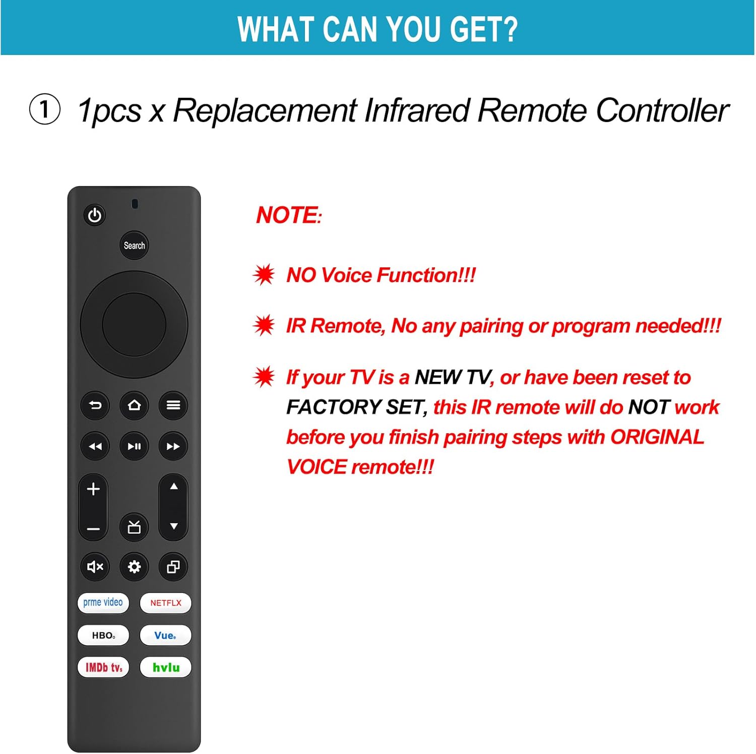 Allimity Universal Remote Control with a note about no voice function and the requirement of an original voice remote for initial TV pairing after factory reset.