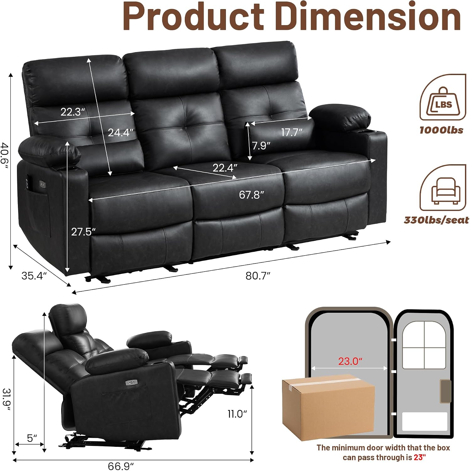 Power Reclining Sofa with Heat and Massage| RV Wall Hugger Recliner Sofa with Electric Tilt | RV 3 Seater Recliner Sofa for Living Room(Sofa Black) | 3 seater