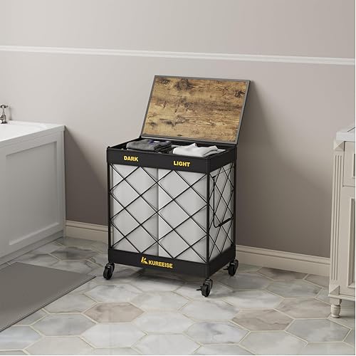 Miniatura 3 de KUREEISE Cesta para ropa sucia con ruedas, cesta de lavandería de 29.1 galones (110 litros) con 2 bolsas de forro extraíbles, cesta de ropa de 2