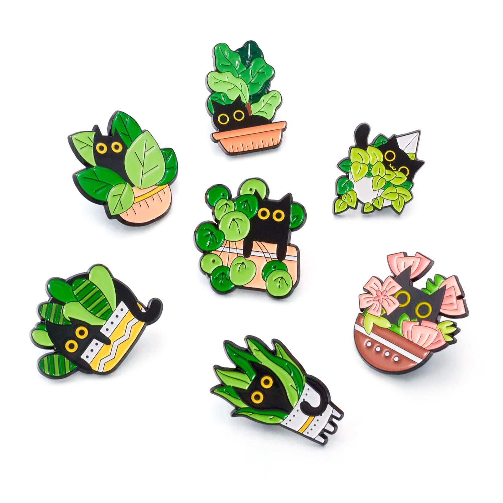 7Pcs Cat Enamel Pins for Backpacks, Cute Cartoon Black Cat with Green Potted Plant Enamel Brooch Pins, Pet Animal Kitten Brooch Badges for Bags Hats Jacket Clothes Decorative Supplies