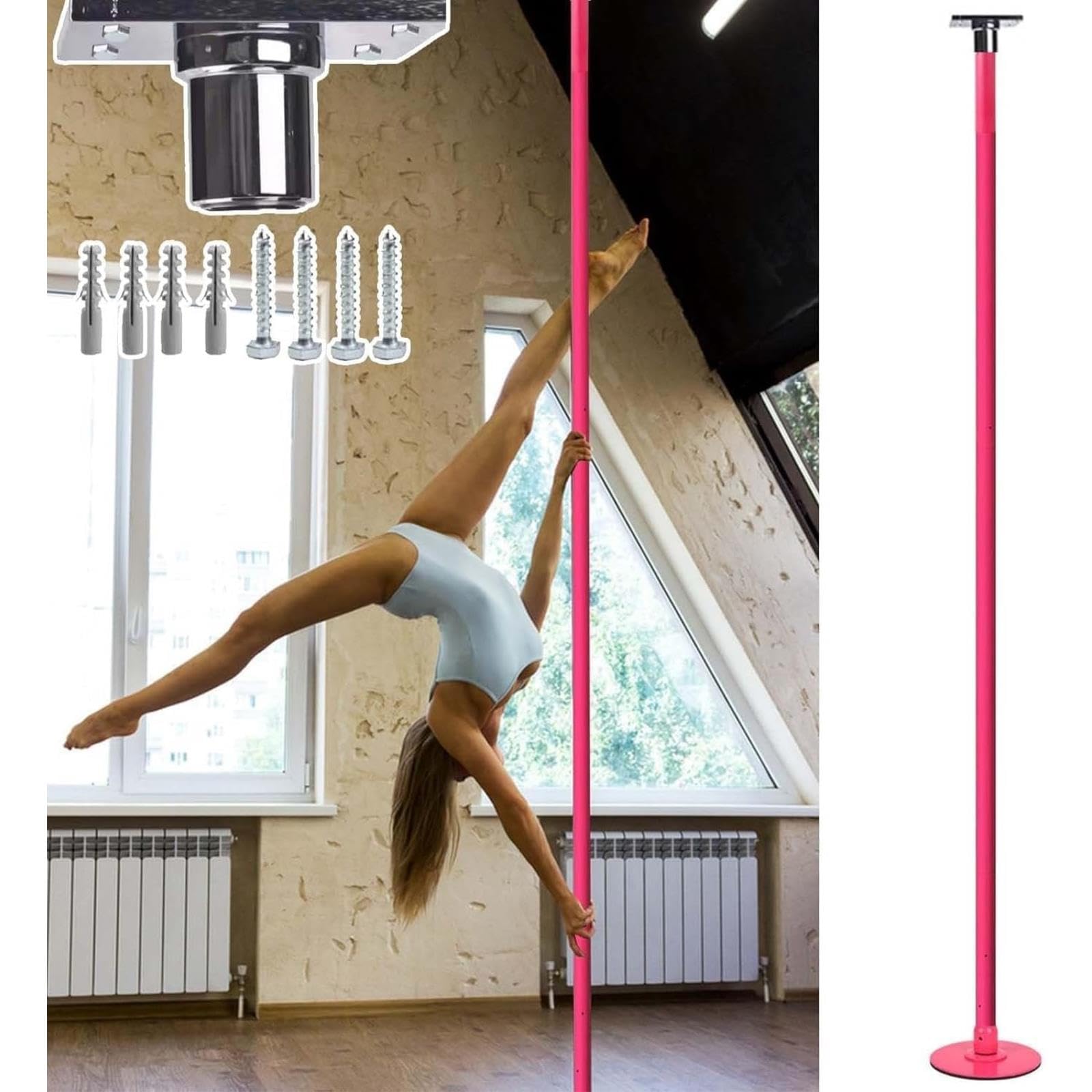 JYBNBBE Dual-Mode Dance Fitness Pole, Spinning & Static, Quick-Release Adjustable Height, Perfect for Beginners & Pros,Pink-3.2M