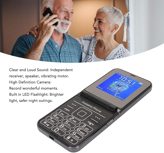 Zyyini 2G Flip Phone for Seniors, Big Large Font Eldly Cell Phone, Rectangle Flip Design, Sound Basic Phone, One Key Dial, LED Flashlight, FM, Calendar, Alarm (Black)
