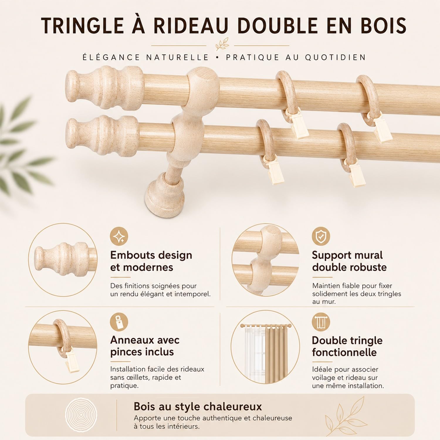 Mon Mobilier Design CRIS Tringle en Bois Ø 28 mm Pin Double 200 cm