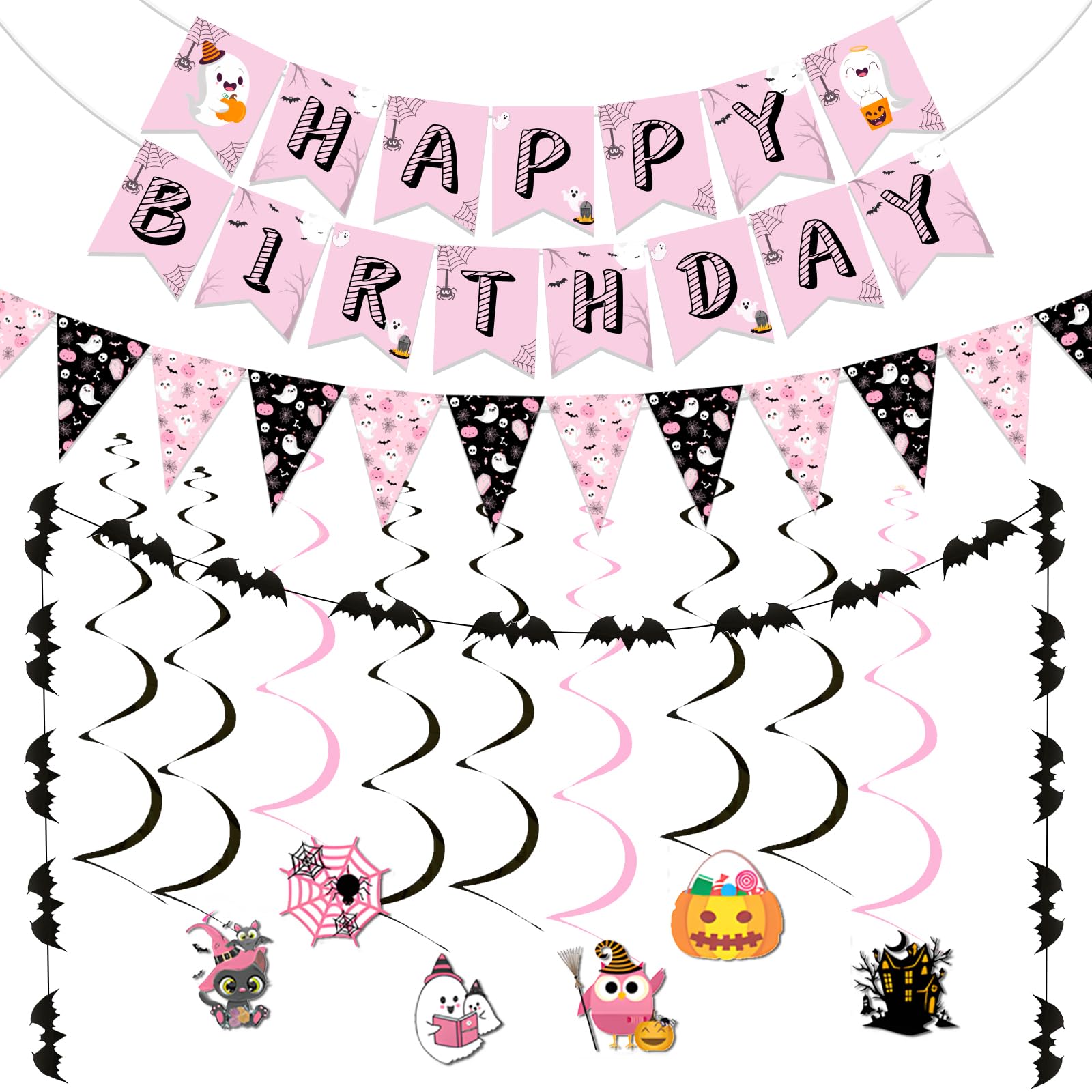 Jollyboom Halloween Birthday Decorations, Pink Black Happy Birthday Banner Pumpkin Ghost Spider Web Bunting Flag Hanging Swirls Bat Garland Hanging Decor for Girls Halloween Party Baby Shower