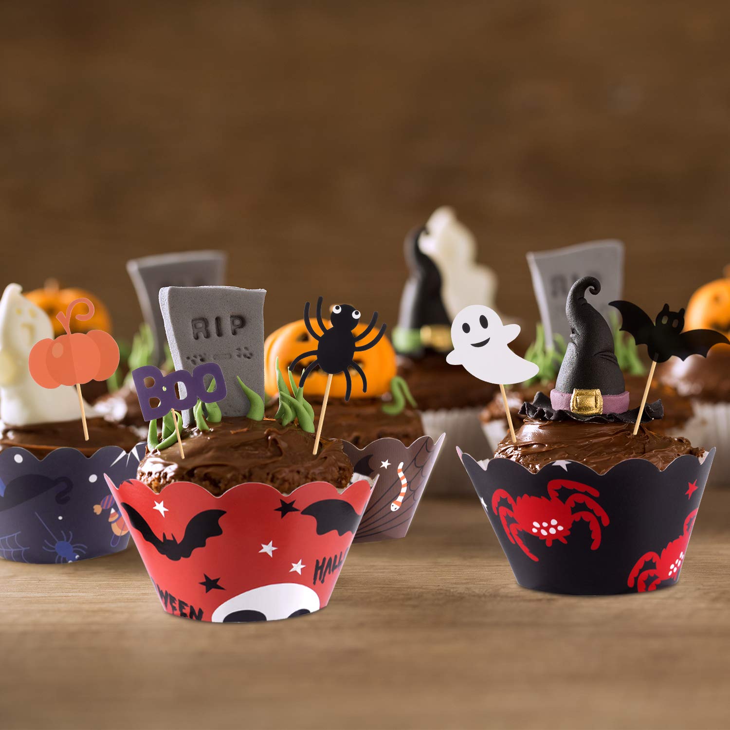 24 Stück Halloween Cupcake Wrappers Und Toppers, Décoration