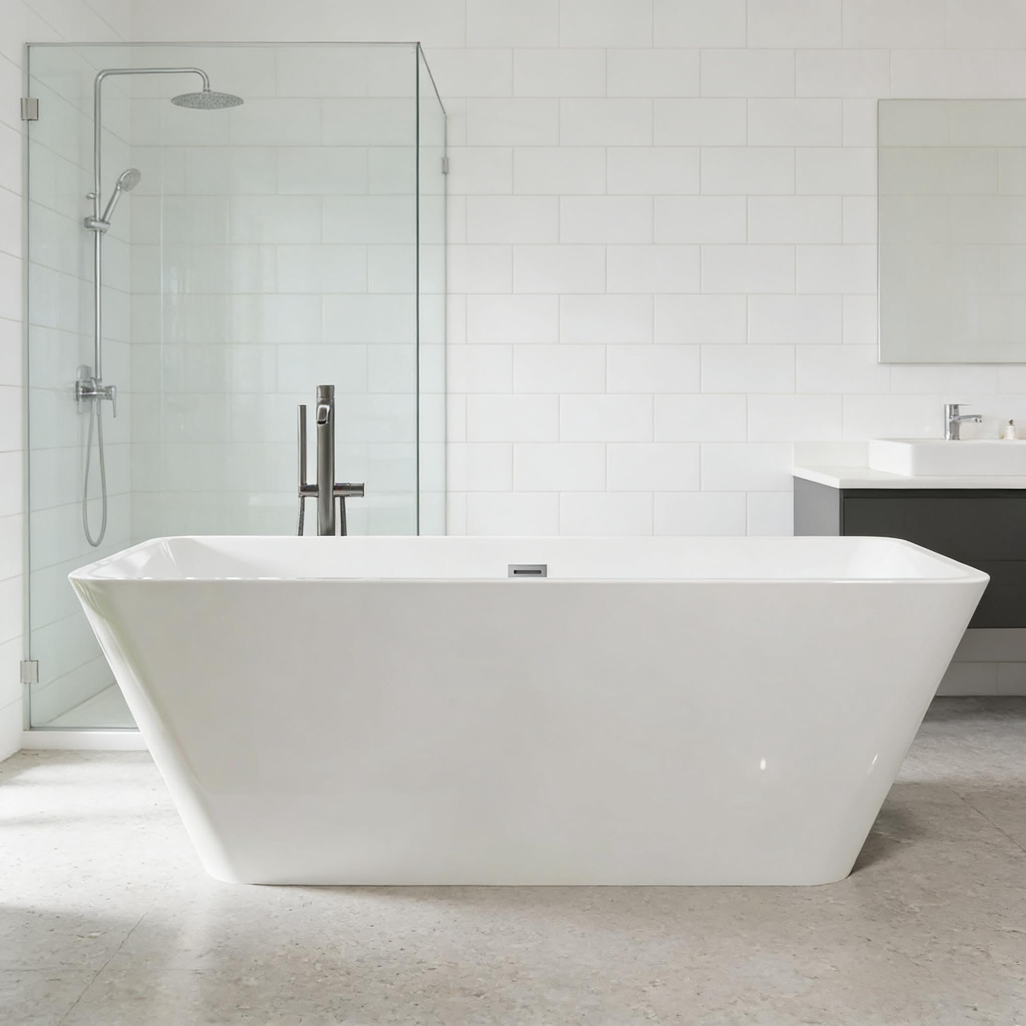 Freestanding Bathtub, Deep Soaking Tub with Non-Slip Base, Acrylic, CUPC Certified Free Standing Tub, Chrome Drain Bath Tub, Modern Tub for Bathrooms, White, 66inch