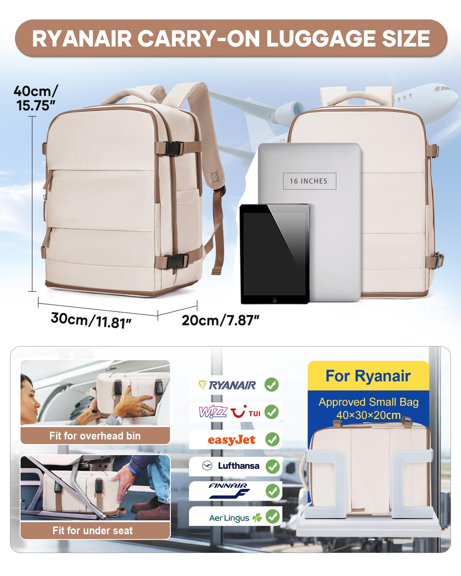 BJLFS Plecak próżniowy torba podróżna z pompką Ryanair torby kabinowe 40 x 30 x 20 cm torba podręczna Wizzair Easyjet Vueling bagaż podręczny worki próżniowe do podróży wodoodporny plecak na laptopa