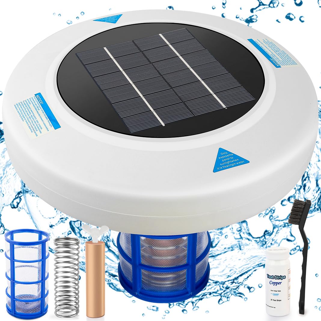 Solar Pool Ionizer for Above Ground and Inground Pools, Larger Solar Panels, Thicker Copper Anode, Up to 45,000 Gallons, 85% Less Chlorine, Crystal-Clear Water, Easy Maintenance
