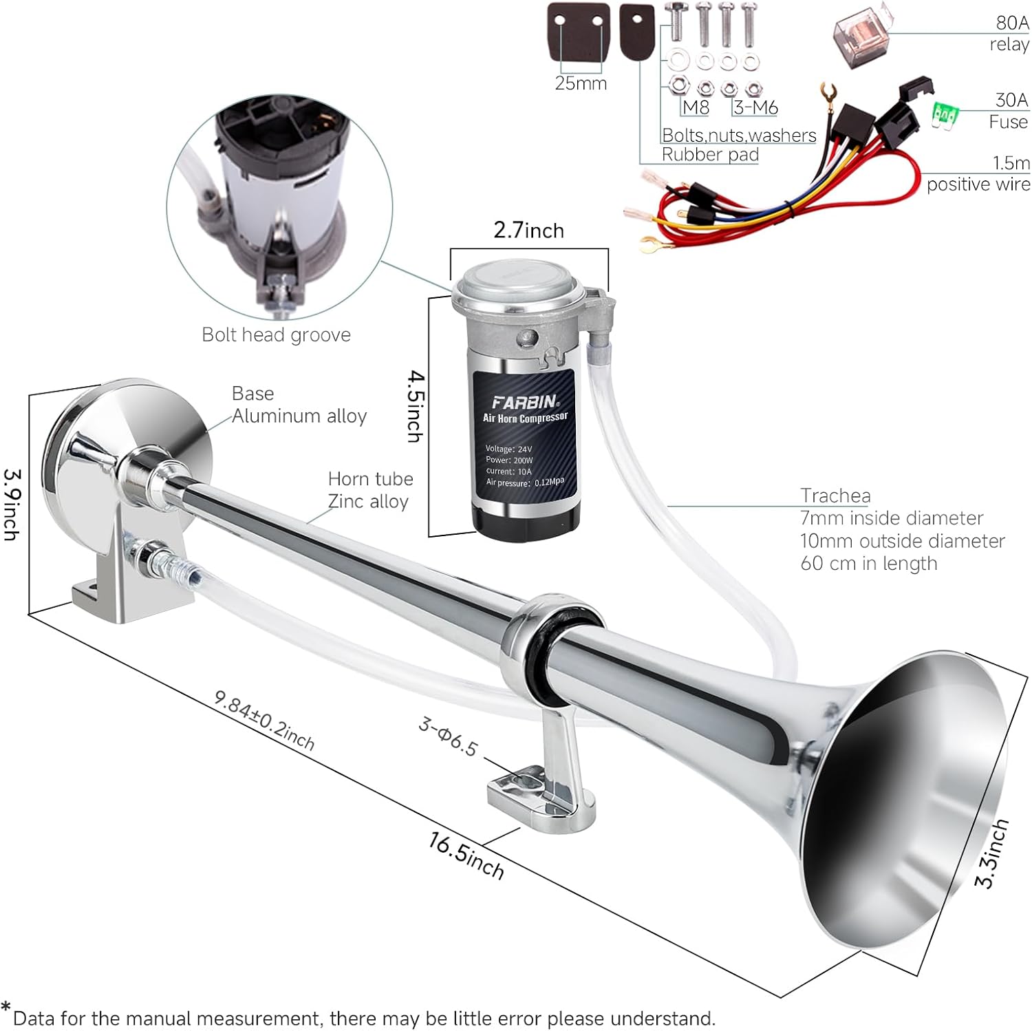 FARBIN 24V 150db Train Air Horn Super Loud 18 Inches Chrome Zinc Single Trumpet Truck Air Horn Kit with Compressor and Wire harness for Any 24V Vehicles