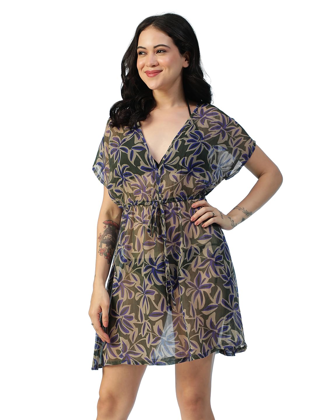 Wome V-Neck Short Sleeve Elasticated Waist with Tie-Up String Above Knee Length Beachwear Kaftan-image-44