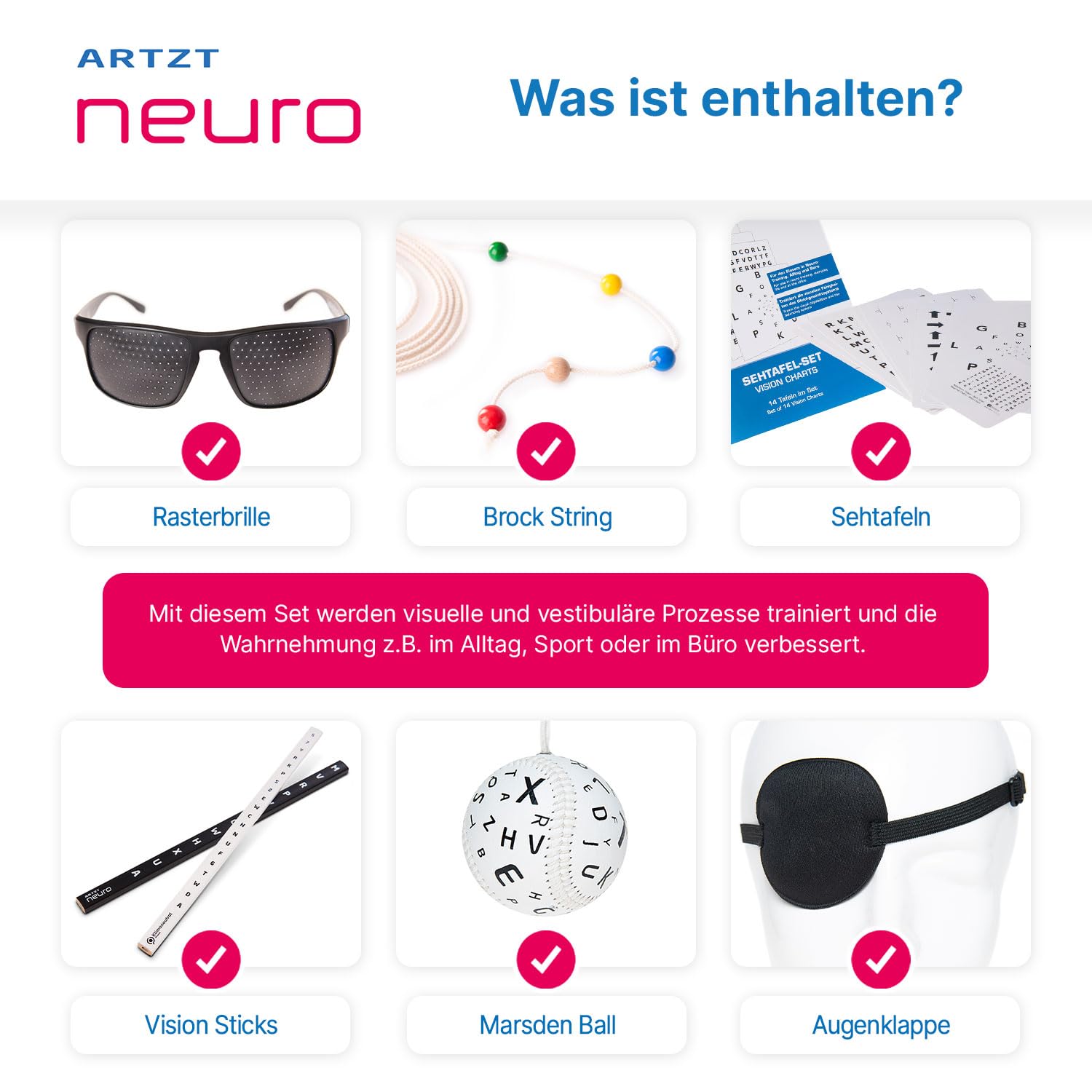 Starter Set | Neuroathletiktraining für besseres Sehen, Reflexe & Fokus | Inklusive Sehtafeln, Brock String, Rasterbrille & Marsden Ball | Ideal für Sport, Büro & Alltag