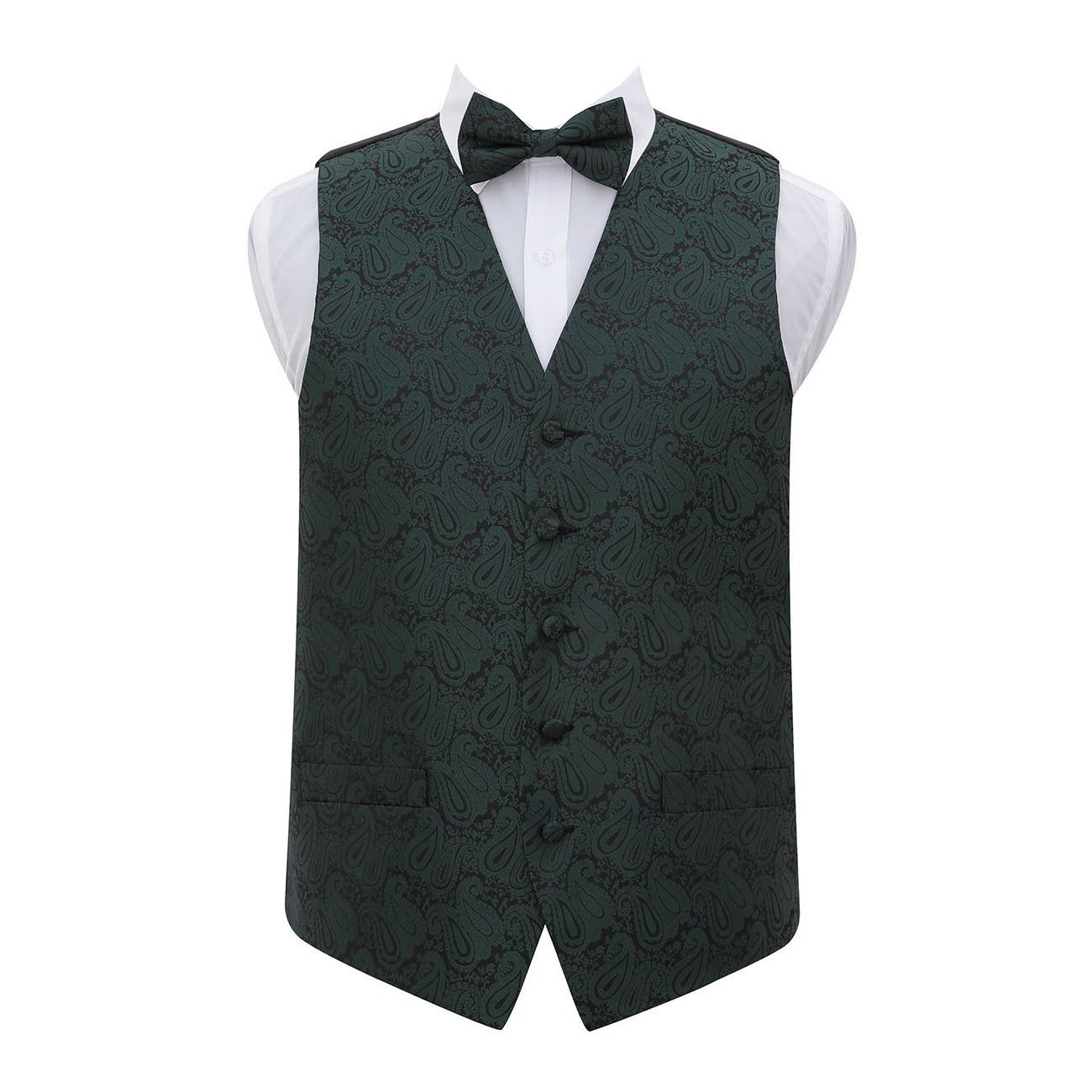 Dqt Men's Emerald Green ’S Paisley Floral Wedding Waistcoat Vest & Bow Tie Set – Groom Formal Suit – 38" (M)