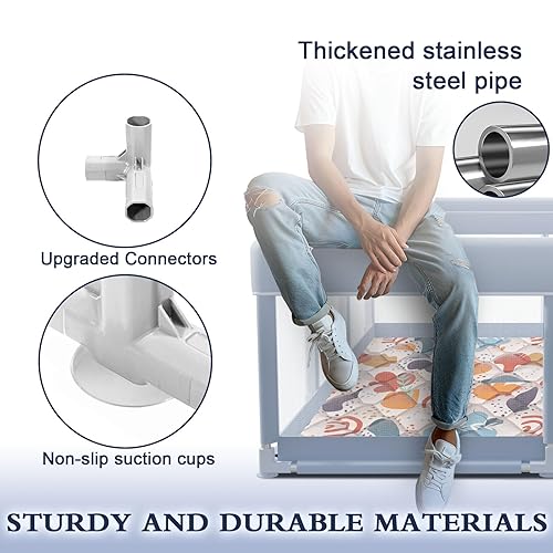 Miniatura 5 de Corralito para bebés de 74 x 50 pulgadas con alfombra, corralito para bebés y niños pequeños, parque infantil para interiores y exteriores, con tela