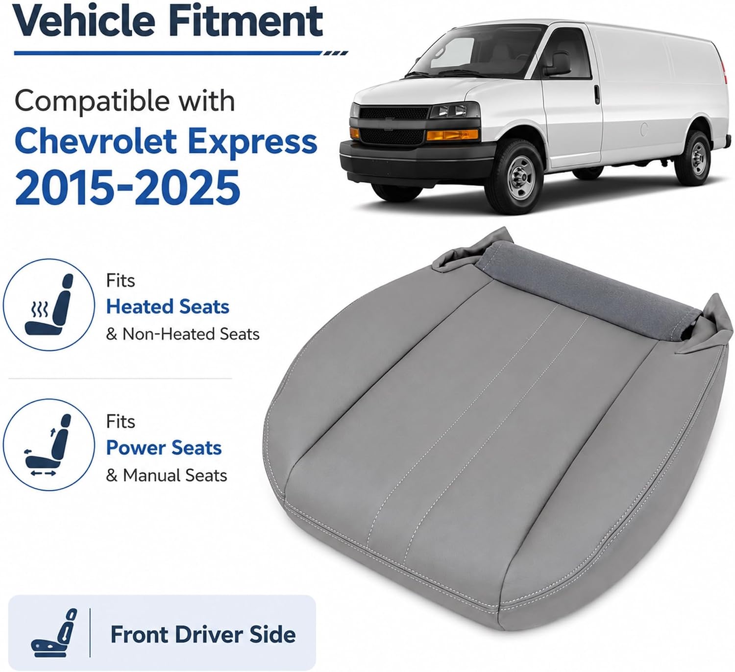 GXARTS Driver & Passenger Side Bottom & Top Lean Back Leather Seat Cover Gary Fit for Chevy Express GMC Savana 1500 2500 3500 4500 2003 2004 2005 2006 2007 2008 2009 2010 2011 2012 2013 2014