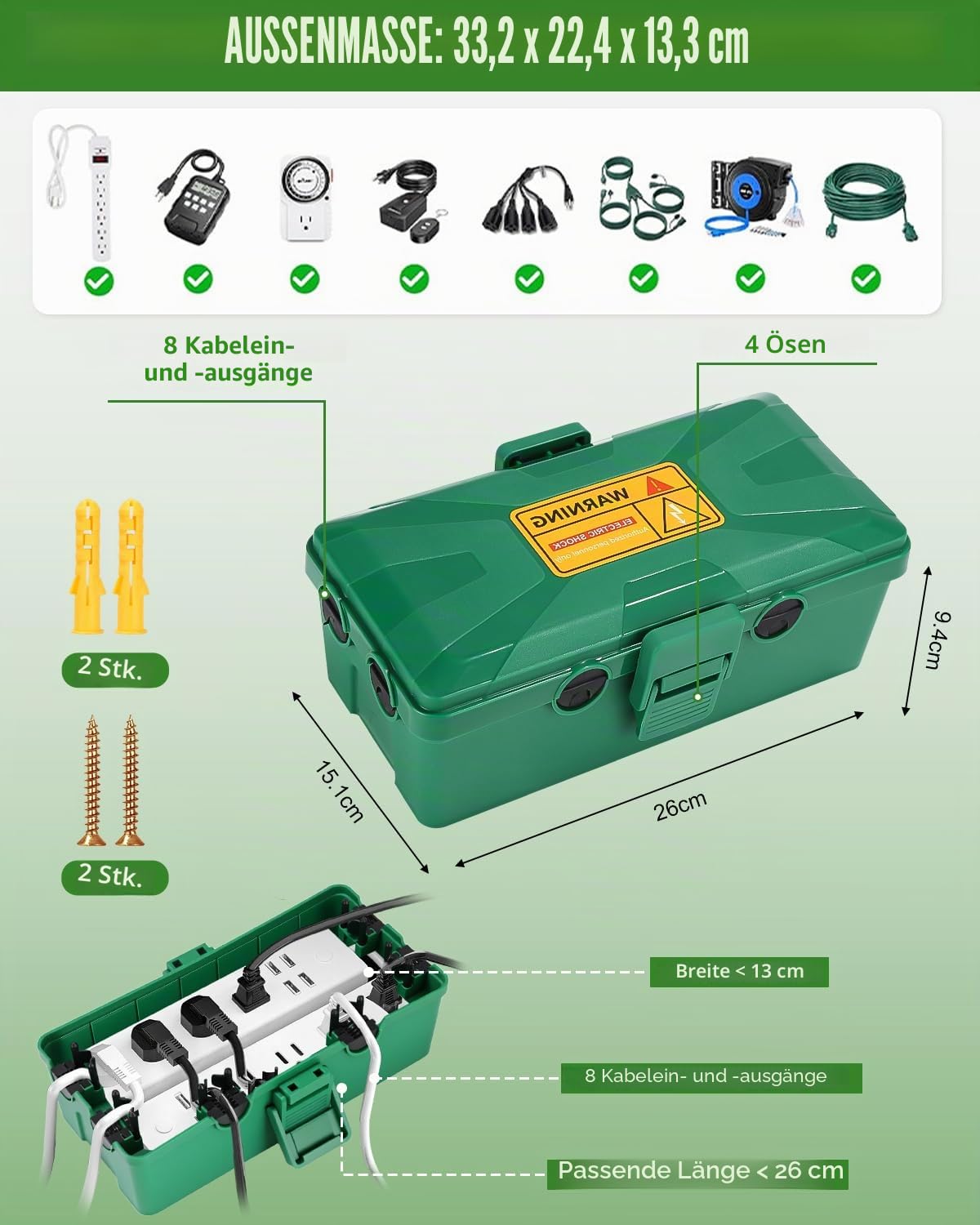 Kabelbox Wasserdicht,26.1x15x9.4 cm,Outdoor Kabel Safe Box,kabelbox,6 Kabeleingänge und ausgänge,Wetterfester Anschlusskasten Abdeckungen Schützen Steckdose,Zeitschaltuhr,Holiday Light,grün