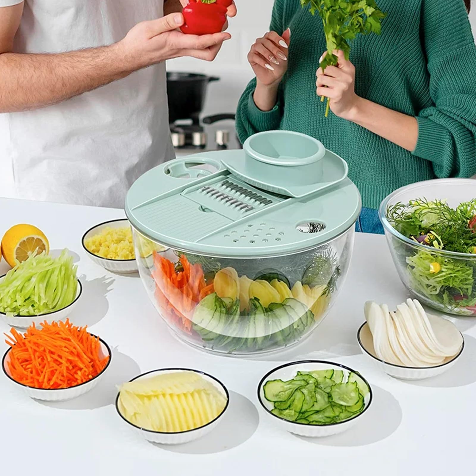 Mandolina de Cocina Multifuncional de Acero Inoxidable, con Cortador 5 Cuchillas, Colador Yemas Huevo, Rallador, Almacenamiento Visible Alta Capacidad, Ahuecado y con Drenaje