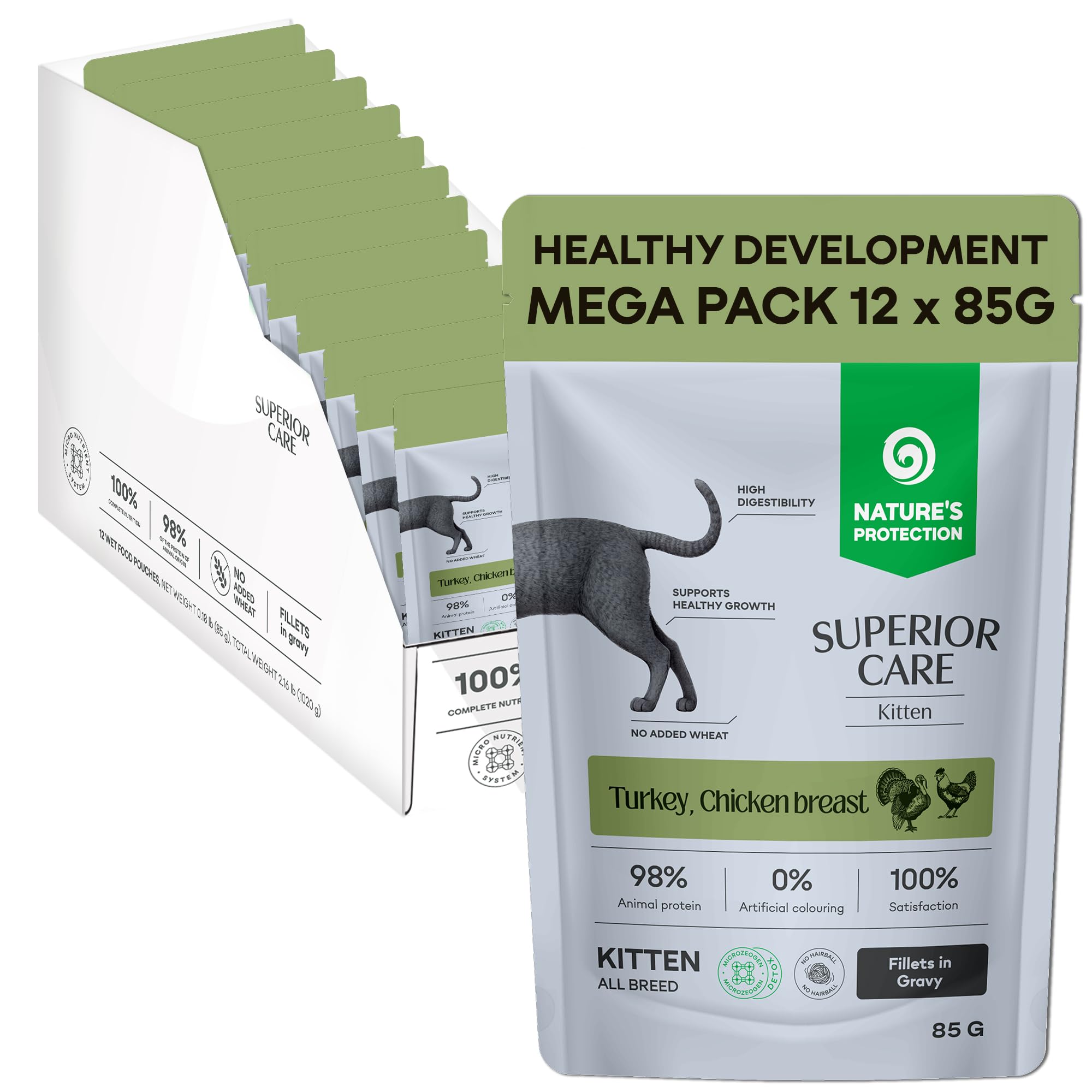 Nature’s Protection Superior Care Wet Kitten Food Pouches, Hypoallergenic Kitten Food in Gravy with Turkey and Chicken Breast, Highly Digestible and Healthy Growth Support, 12 x 85g