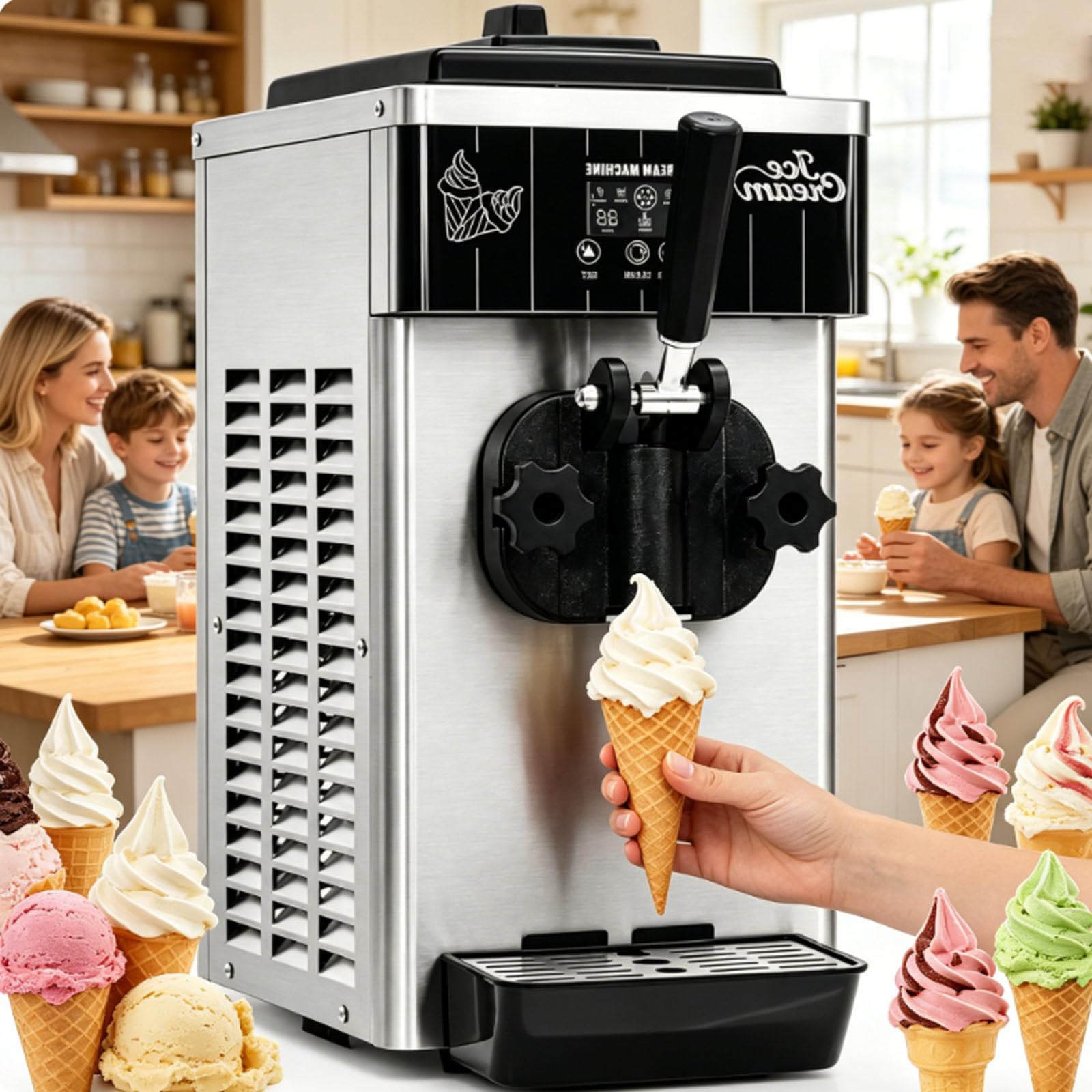 smafoseedding Soft Serve Ice Cream Machine,Countertop Single Flavor Maker, Automatic Soft Serve Ice Cream Maker, Fast Freezing,4-6L/H,2.5L Hopper, for Cones, Cups, Waffles & Catering