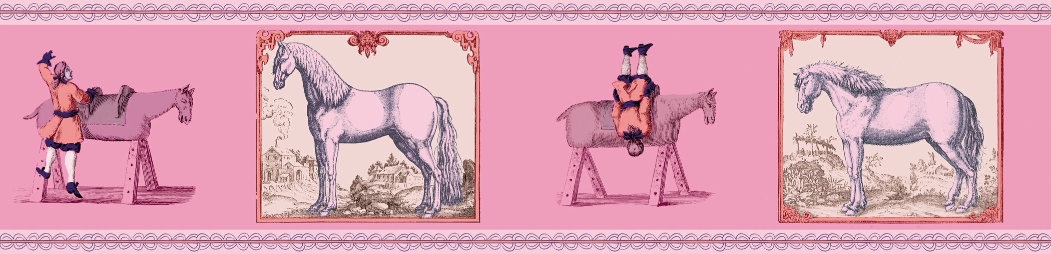 3er Set GMM Reiter Tapeten Bordüre, Tapetenborte - edle Pferde Tapeten Borte mit Voltigier Übungen in rosa, 3x5m, ideal zum Einzug, Umzug, Renovierung um Zimmer, Küche, Gänge, WC aufzupeppen