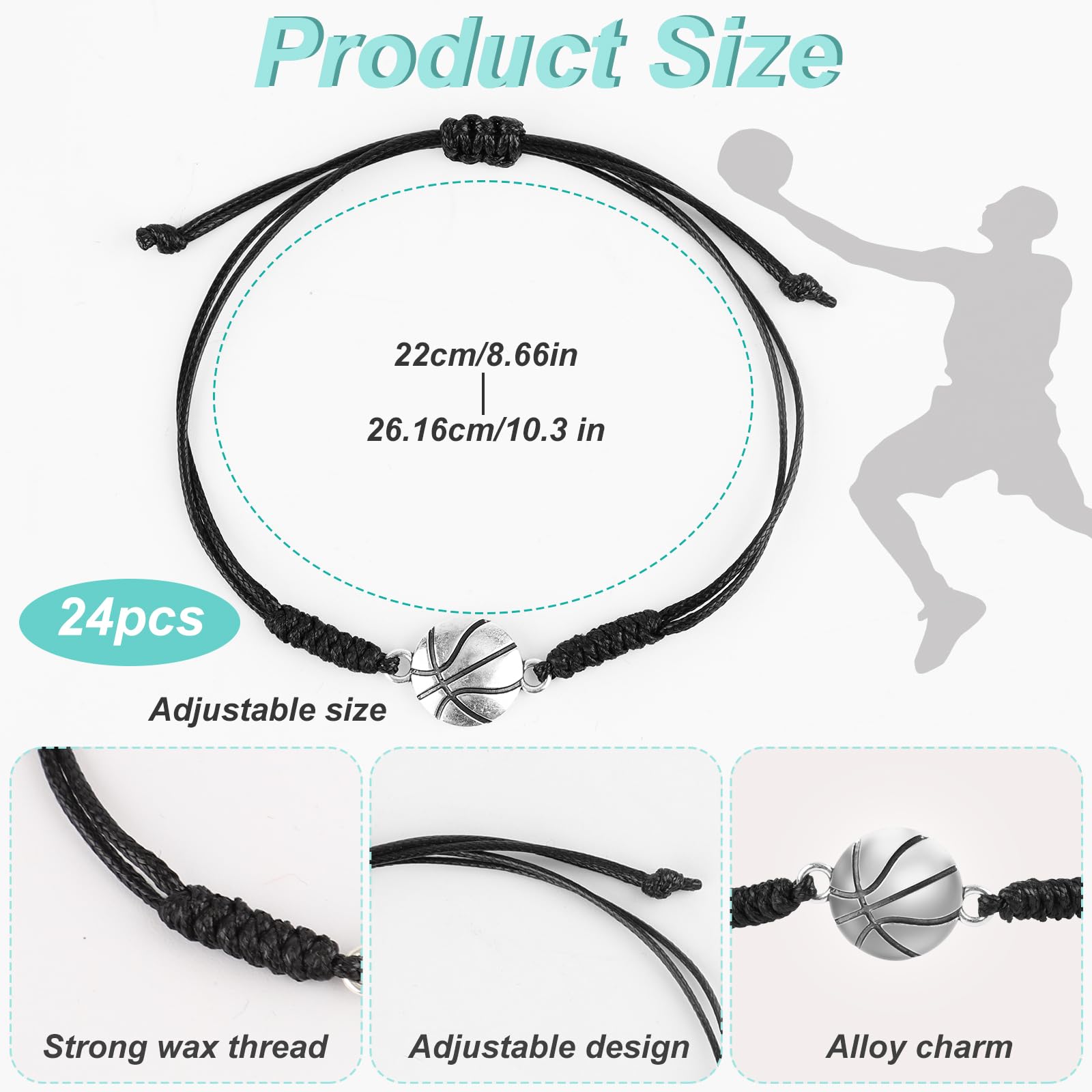 NQEUEPN 24pcs Basketball Bracelets, Adjustable Basketball Player Bracelet Hand Braided Rope Basketball Charm Bracelet Unisex Sport Jewelry Accessories for Women Men Team Coaches