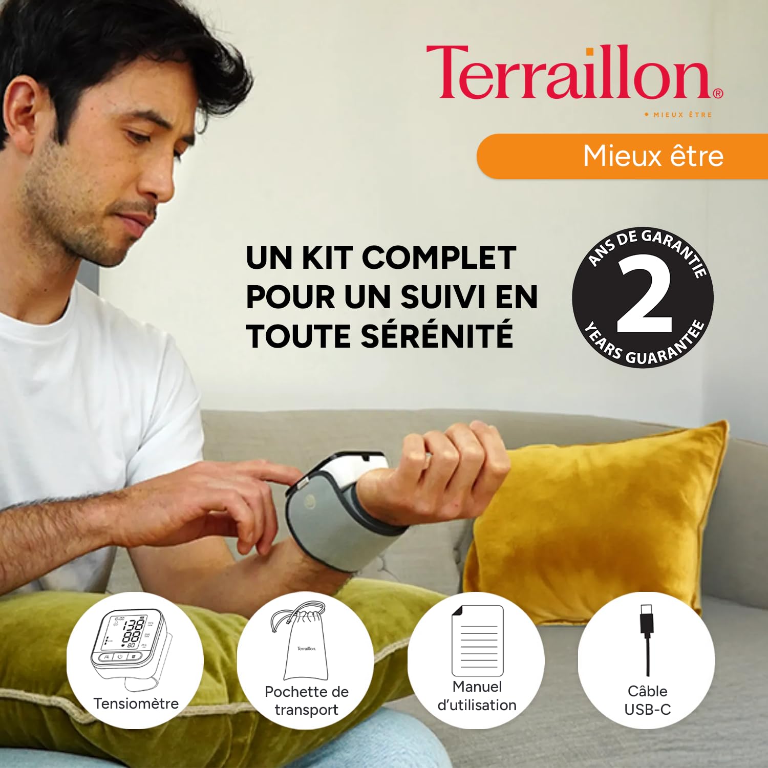 TERRAILLON Tensiometre Poignet compact, Classe IIA TENSIO POIGNET TP251 | Ecran LED, Tension Artérielle, Rythme Cardiaque, Indicateurs couleur, 2 profils, 99 Mémoires, Dim. brassard 13,5-19cm, USB-C
