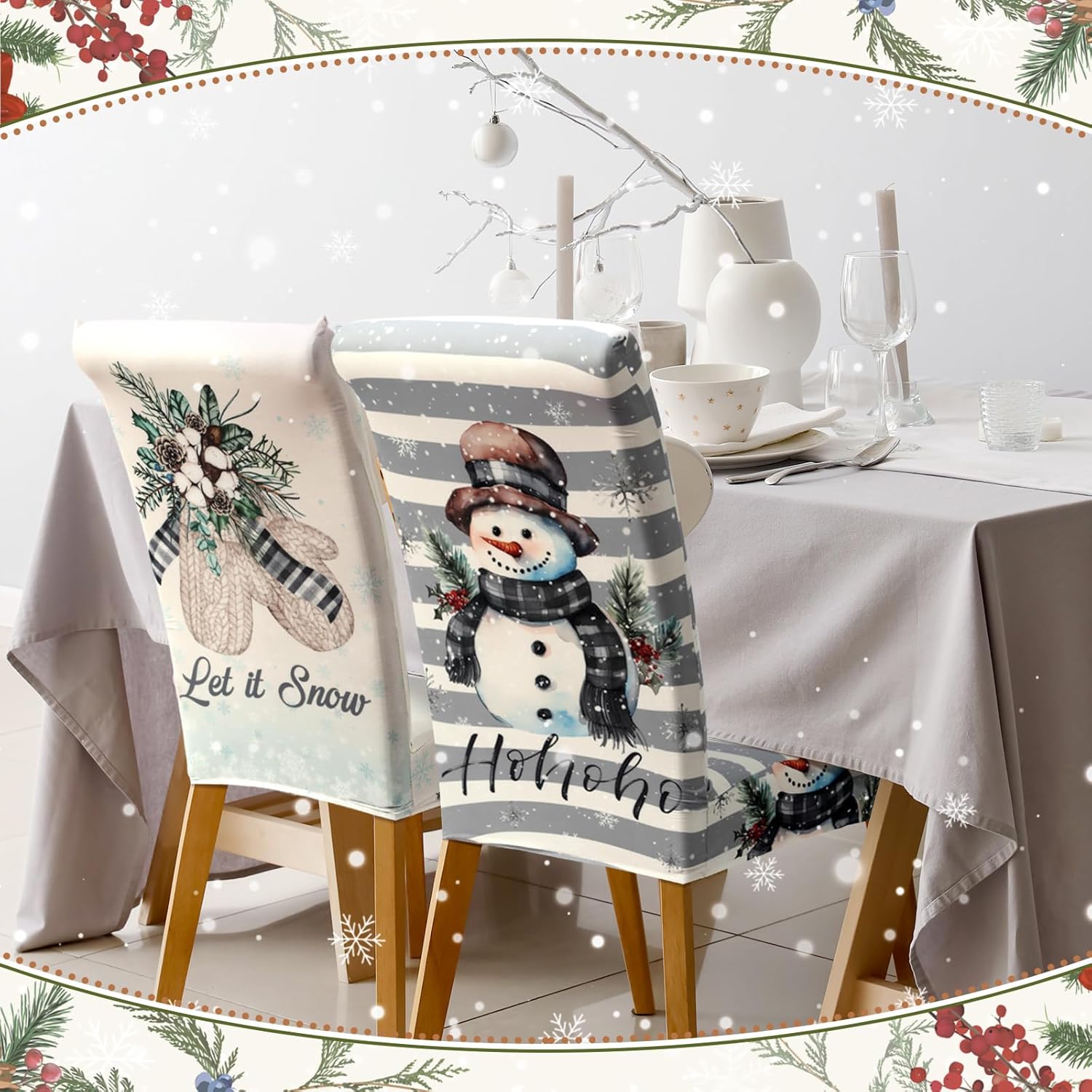 FuWeave 6 Pcs Christmas Snowman Chair Covers Winter Vintage Dining Chair Slipcovers Christmas Seat Covers Winter Elk Gloves Stretch Removable Washable Dining Protector for Party Wedding Kitchen
