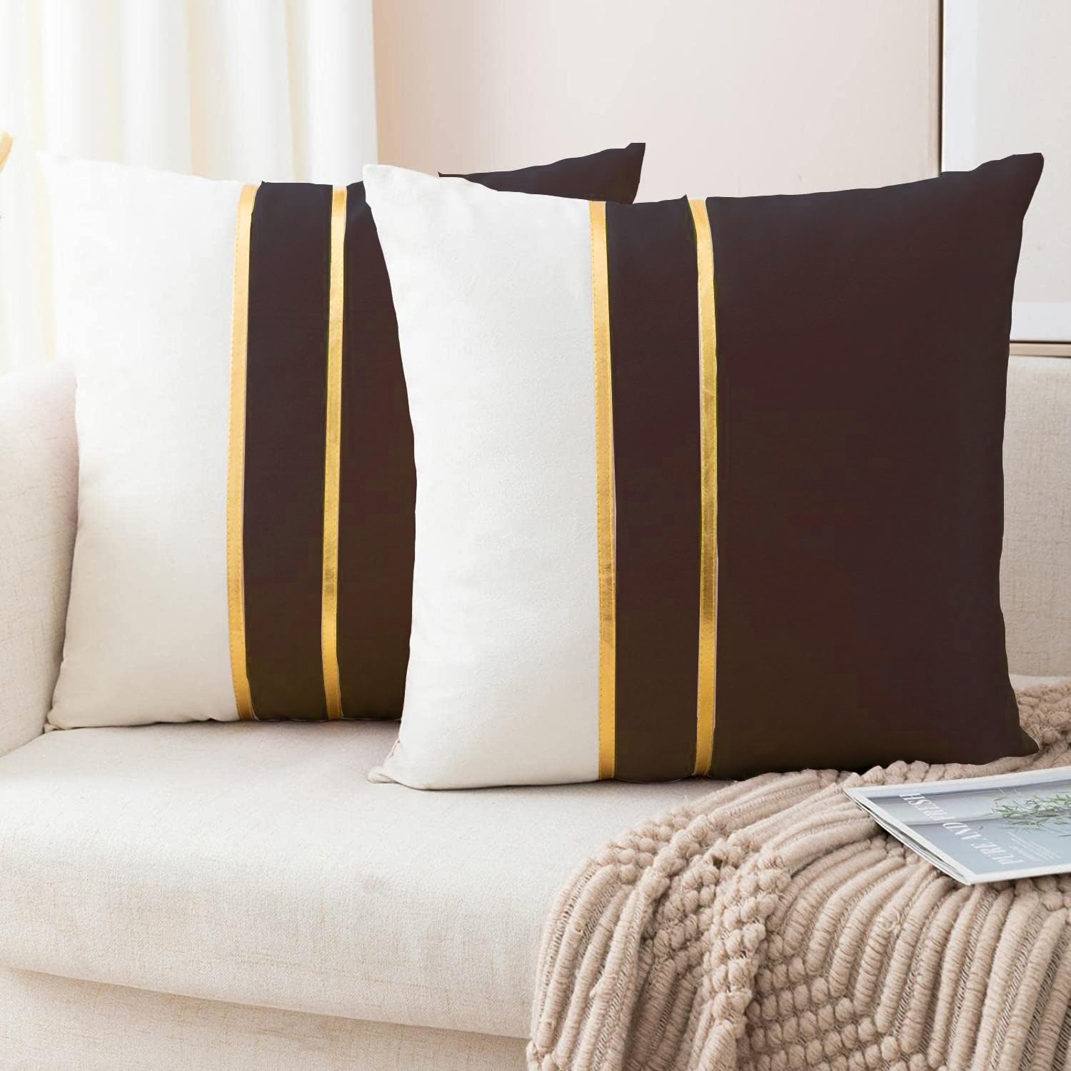 Vinayaka Fab Set of 2 Velvet Throw Pillow Covers - Soft Decorative Cushion Covers Cases with Gold Leather for Sofa Bedroom Livingroom Car, 16 x 16 inch (2 Pieces) (Brown Off White/Gold) (B0D231FWG1) Amazon Price History, Amazon Price Tracker