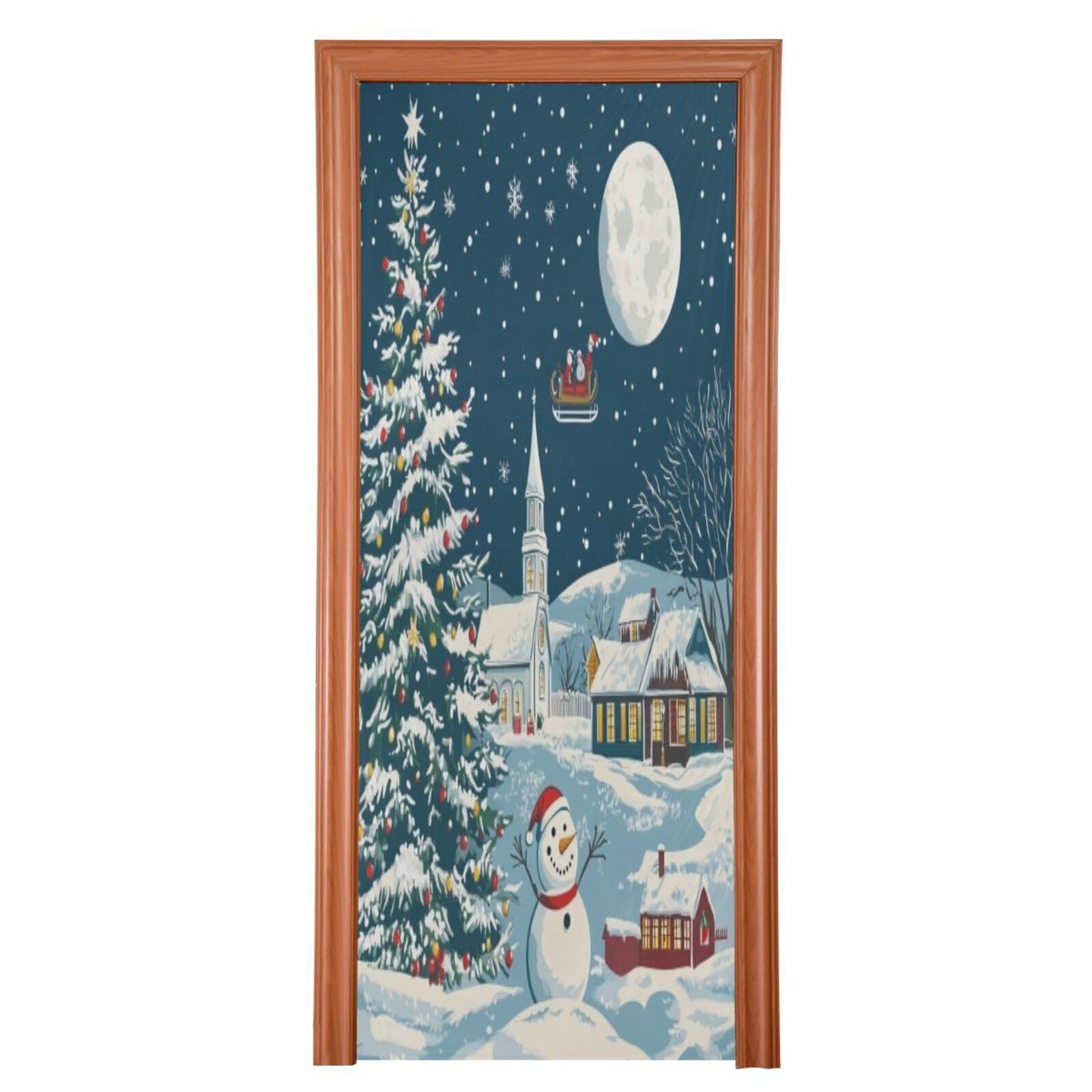 J JOYSAY Christmas Night Trees Snowman Door Decorations Door Cover Christmas Home Decor Xmas Door Decorations Outdoor for Porch Indoor Office,36x98 in