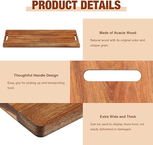 Miniatura 3 de Skylety 4 piezas de 35.4 pulgadas de madera de acacia tabla para servir queso con asas, tabla grande de charcutería, tabla de cortar de madera para