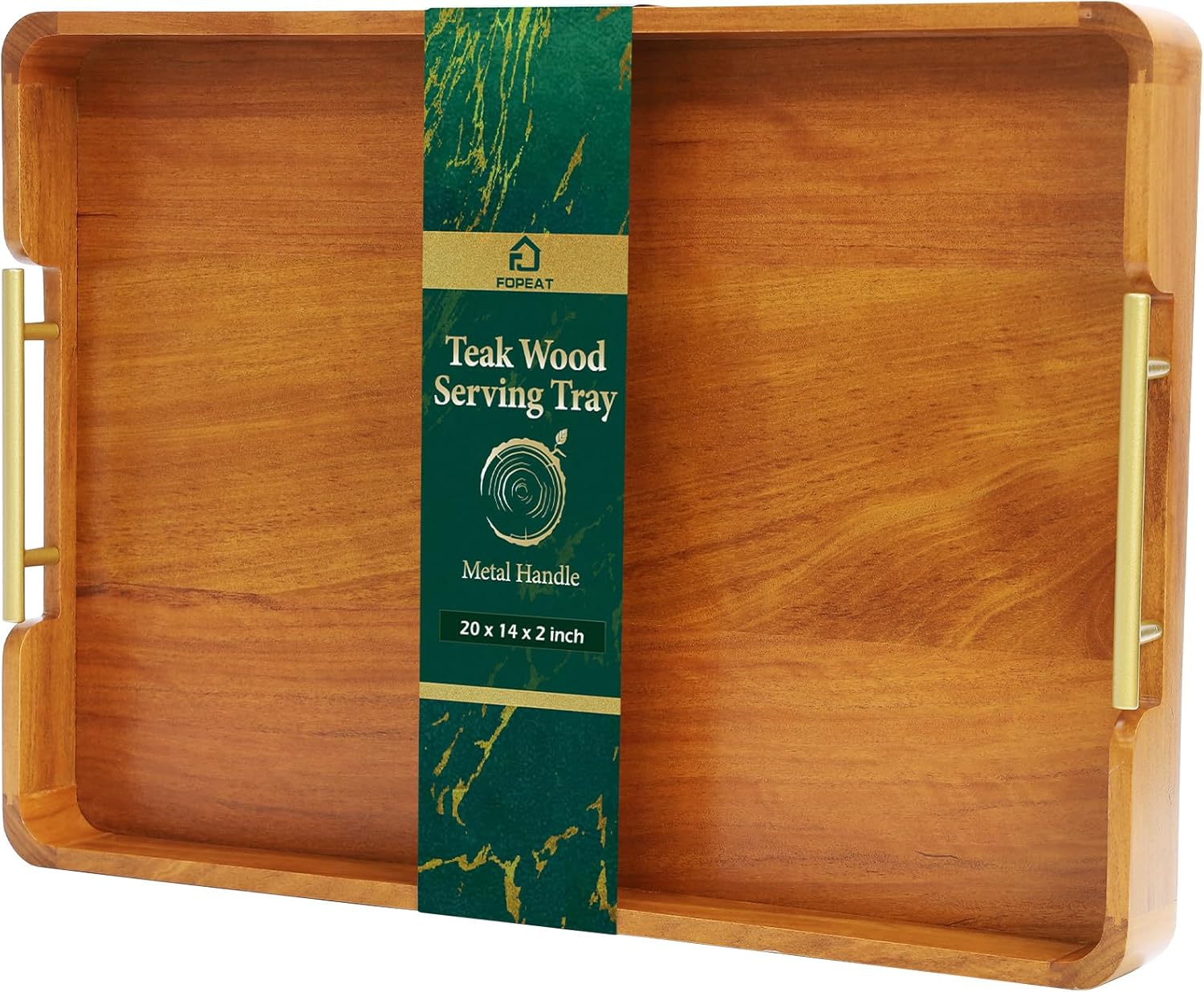 Solid Teak Wood Serving Tray with Handles, 20"x14"x2" Large Ottoman Tray for Living Room Kitchen Party, Decorative Rustic Rectangular Tray for Home Coffee Table Breakfast Dinner Bar