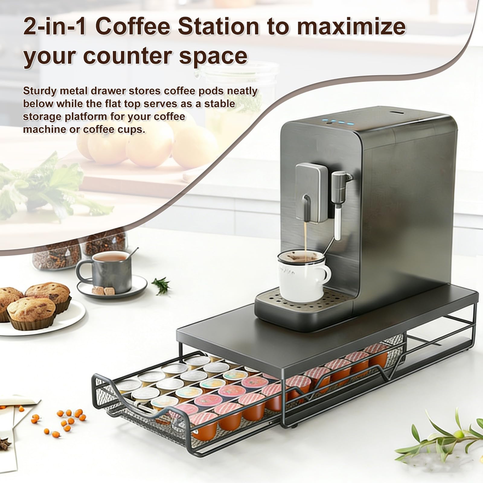 Supporto per 45 capsule di caffè, cassetto regolabile in metallo, per macchina da caffè da appoggio, con organizer per casa, ufficio, dispensa (cialde di caffè non incluse)