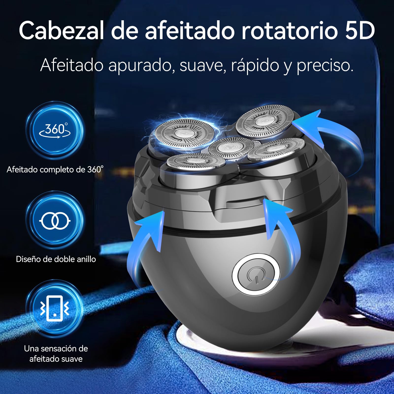 Afeitadora Cabeza Hombre, Maquina Afeitar Cabeza Magnético 5D Cabezales Flotantes Afeitadora Cabeza Uso Seco y Húmedo IPX7 Impermeable 120 Mins de Uso Usb-C Recargable