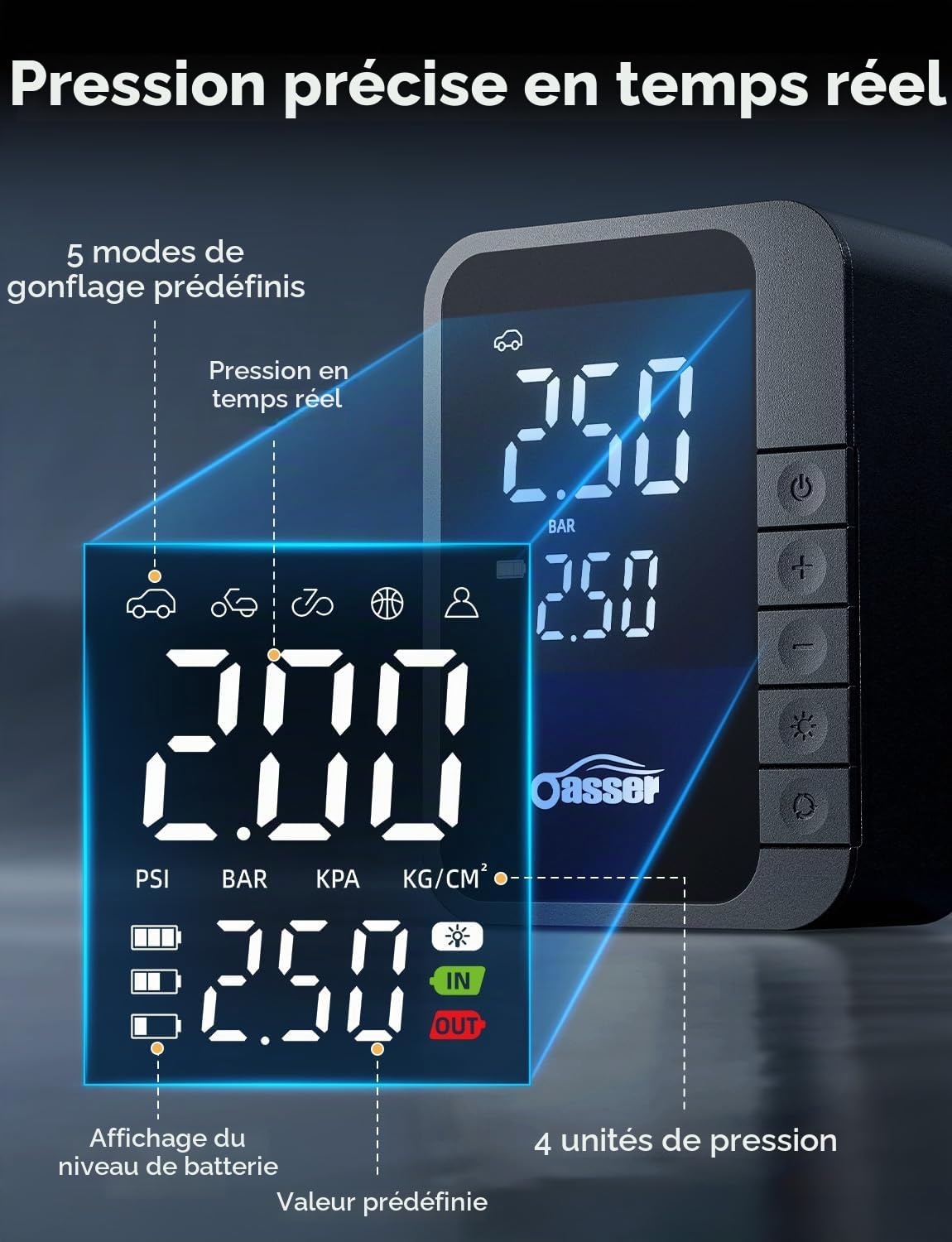 Oasser Gonfleur Pneus Voiture sans Fil 6000mAh Mini Compresseur à Air Portatif 150 PSI (10,3 Bar) Inflation Rapide Cylindre 19 mm Type-C USB Charge avec Tuyau de 30 cm et Sac de Rangement