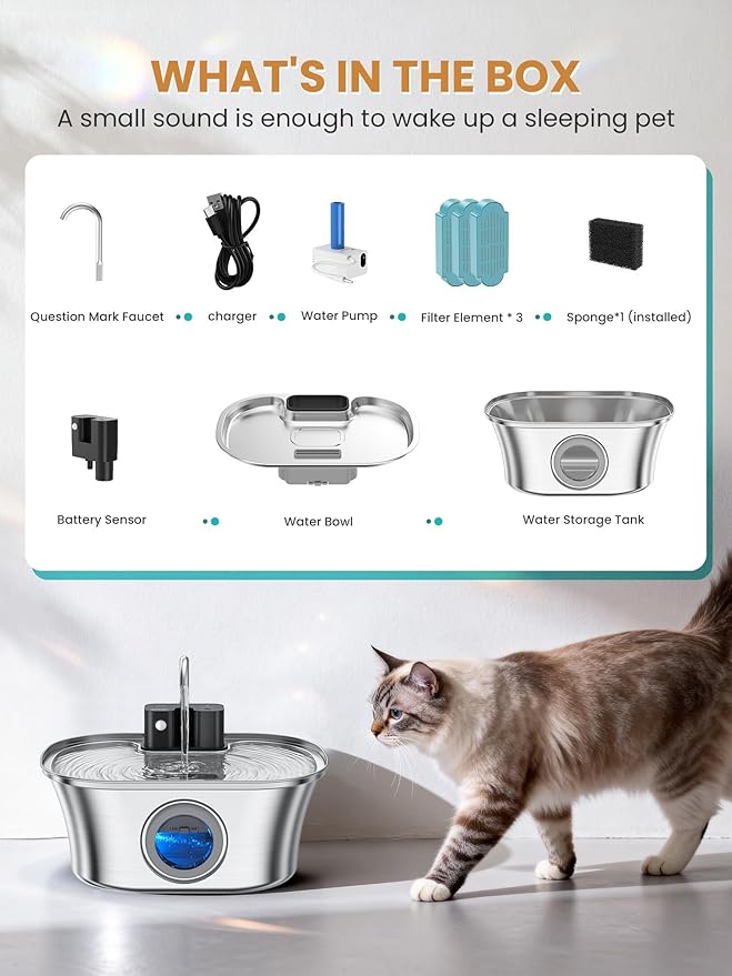 Fuente de Agua para Gatos Acero Inoxidable 3.2L con Filtro y Batería miniatura 9