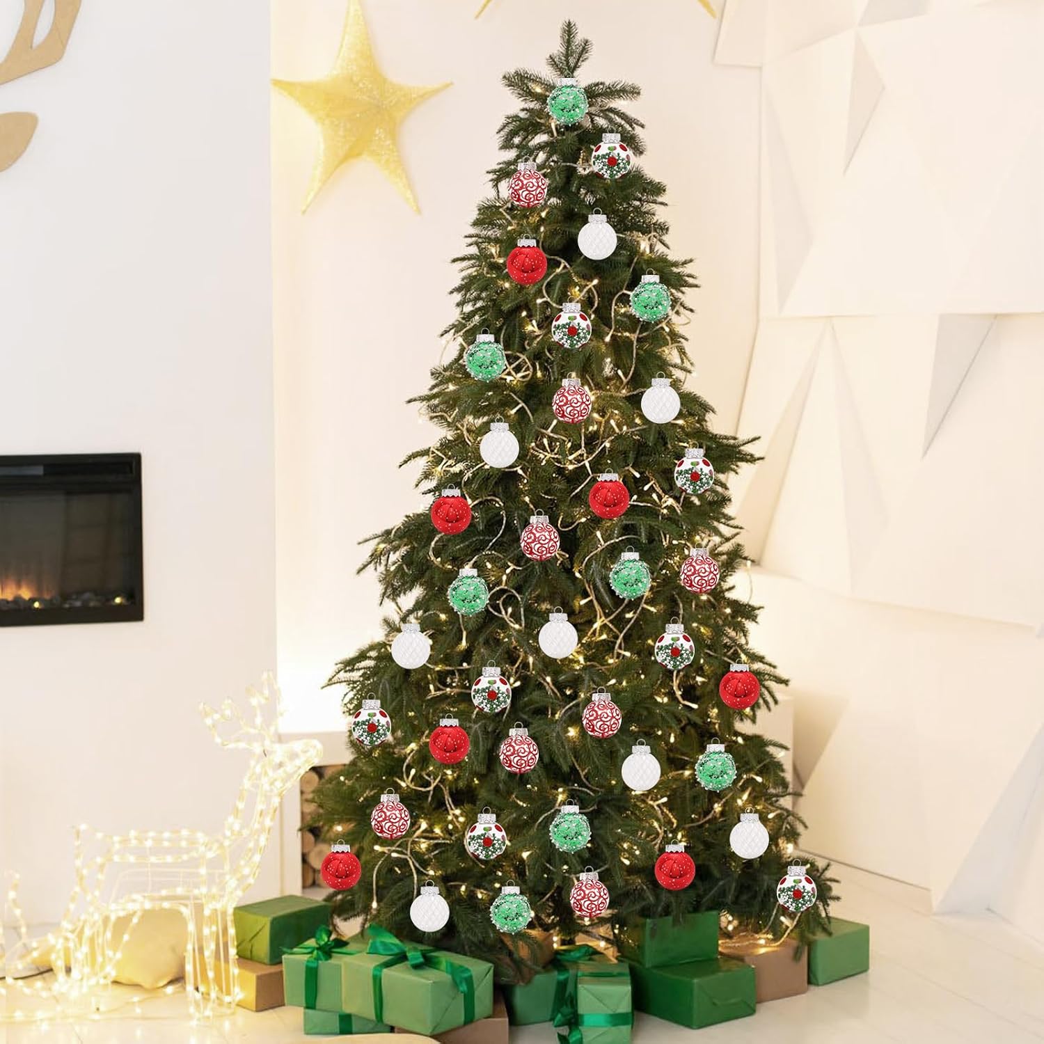 25PCS Christmas Ornaments Set, 2.36/6CM Assorted Clear Plastic Shatterproof Ball Hanging Ornaments for Xmas Tree Decorations, for Indoor Home Holiday Decor - Red/Green/White.