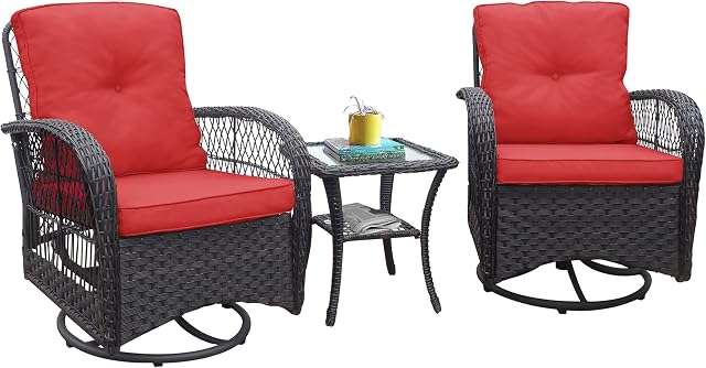 Skypatio 3 Piece Patio Furniture Bistro Set with 2 Rattan 360° Swivel Rocking Chairs with Cushions and Tempered Glass Coffee Table for Porch, Backyard, Garden, Balcony or Indoor(Red)