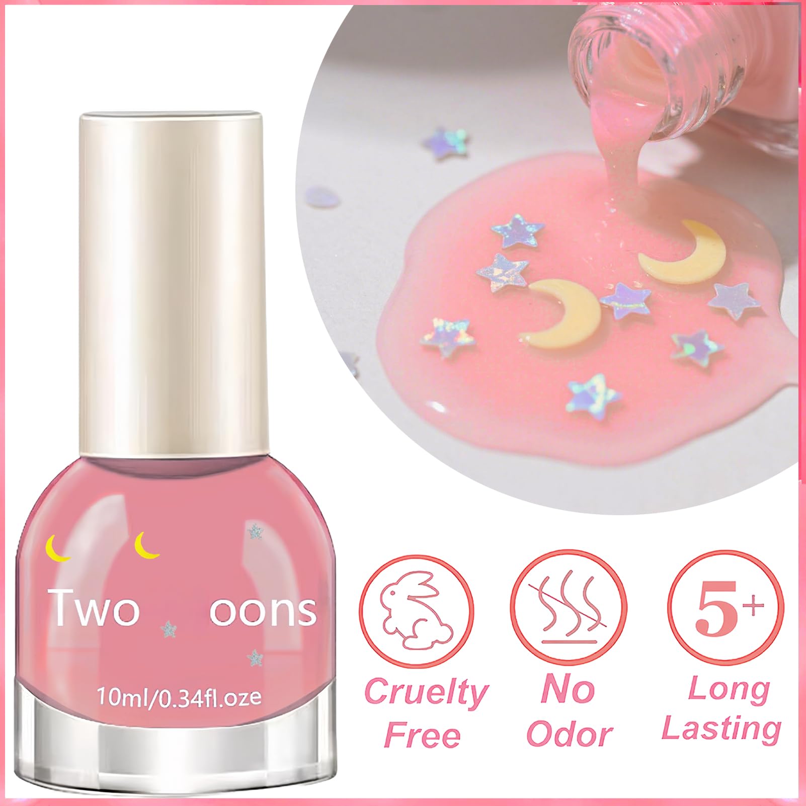 Chunky Star Jelly Glitter Nail Polish – Water-Based Peel Off, Quick Dry, 10ML, Non-Toxic, Pink Jelly Base with Gold Star & Moon Glitter for Women & Girls: Jelly Pink with Glitter