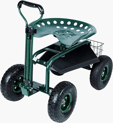 KARMAS PRODUCT Carrito de taburete de jardín orientable con bandeja de herramientas y cesta de almacenamiento sobre ruedas, asiento de trabajo