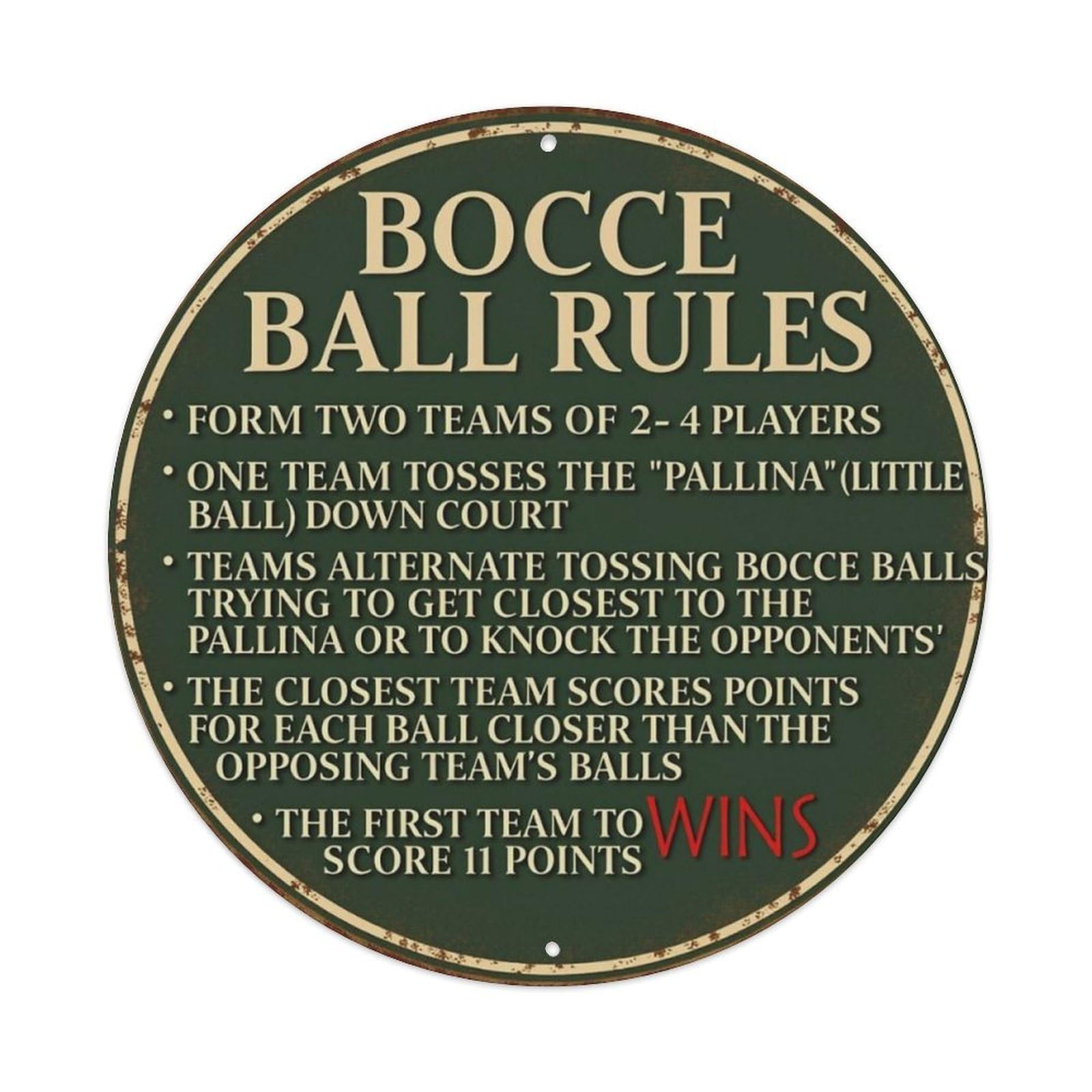 Vintage Green Bocce Ball Game Rules Round Metal Sign Vintage Aluminium Metal Sign, Retro Wall Decor for Home, Bar, Garage & Farmhouse 20x20cm