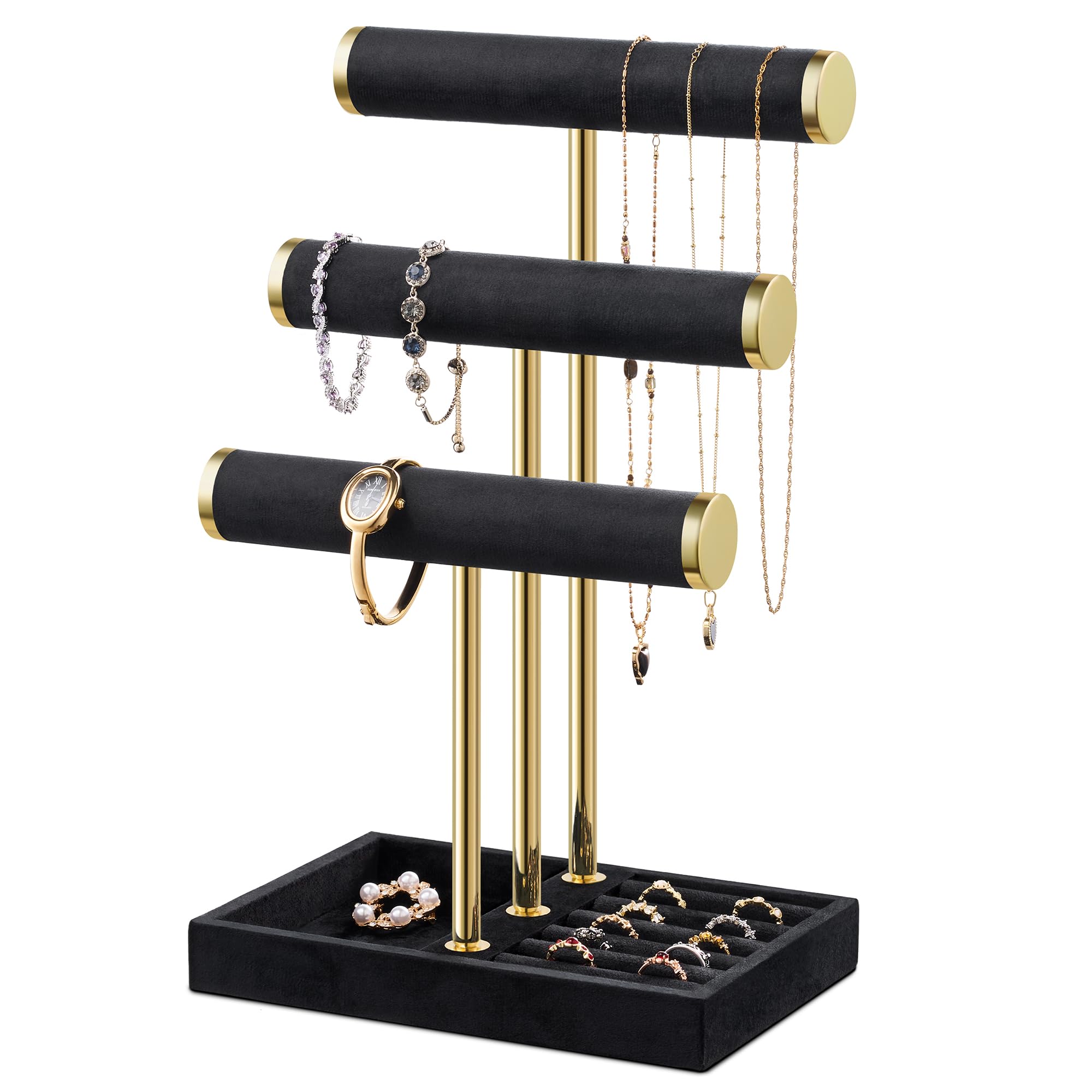 Josmimic Sieradenorganizer met 2 niveaus, zwarte sieradenstandaard, armbanden, afneembare T-brug sieradenstandaard, fluwelen armbandhouder, sieradenhouder voor armband, halsketting, horloges, ringen