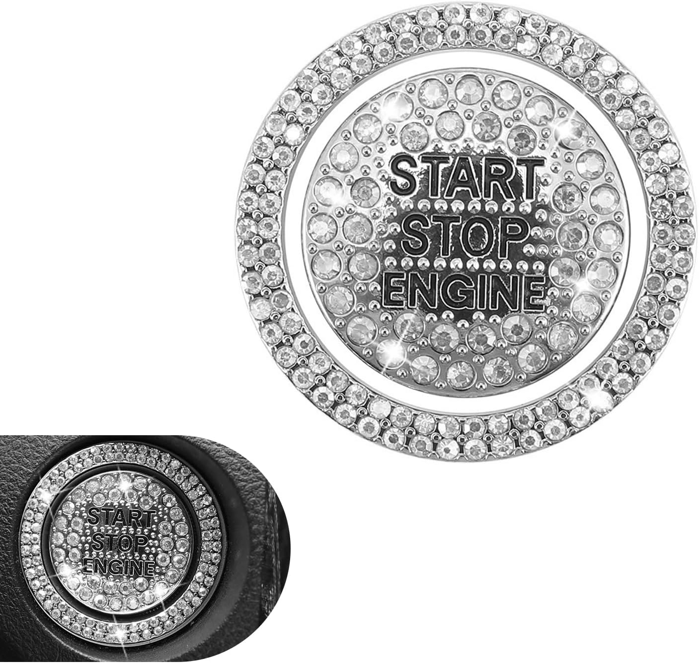 MLY 2 PCS Bling Rhinestone Start Button Cover, Push to Start Button Cover Crystal Sticker, Push Start Button Cover Decorative Accessories, Universal Bling Car Accessories for Women (White)